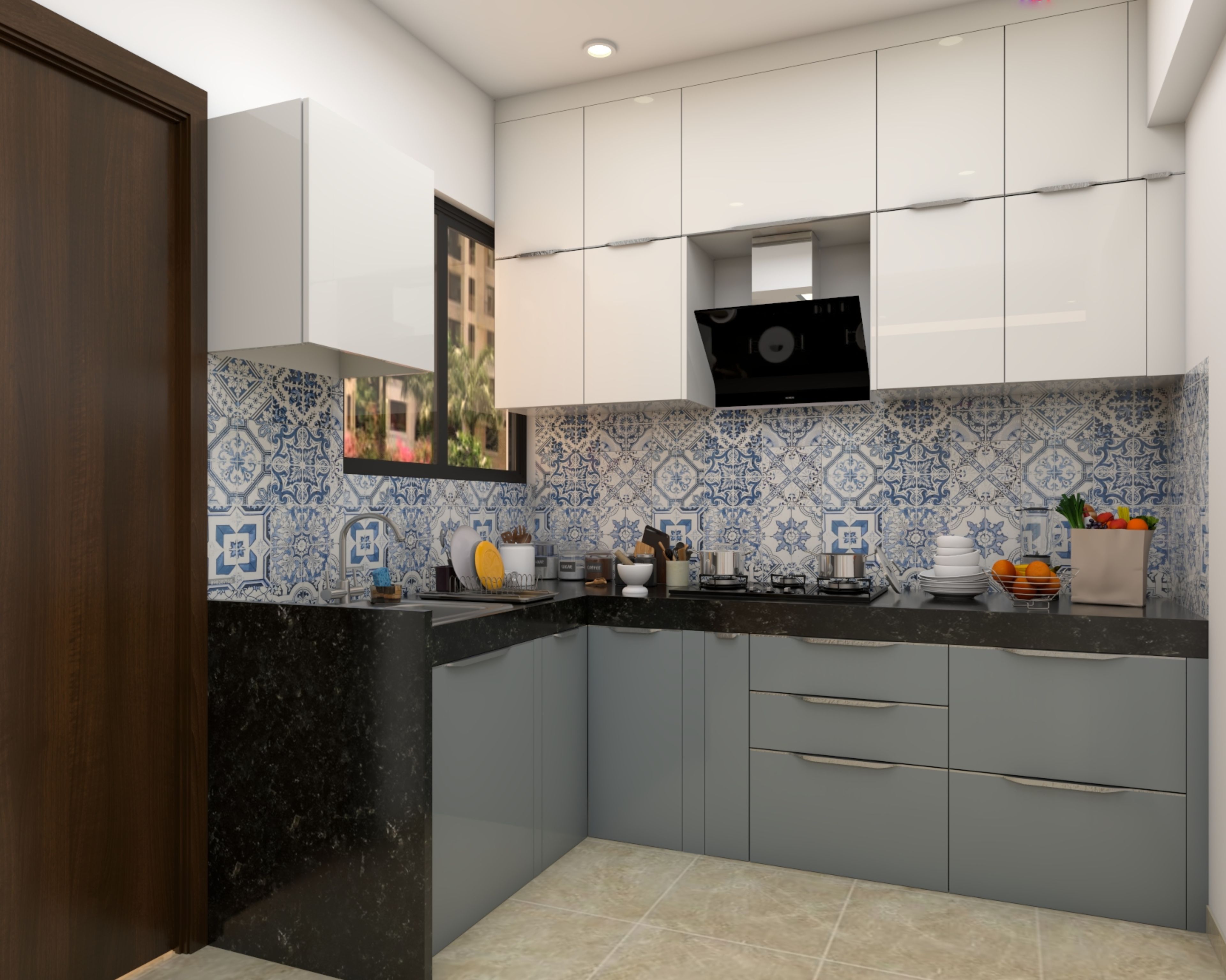 L-Shaped Modern Kitchen Design With Glossy White and Silver Cabinets