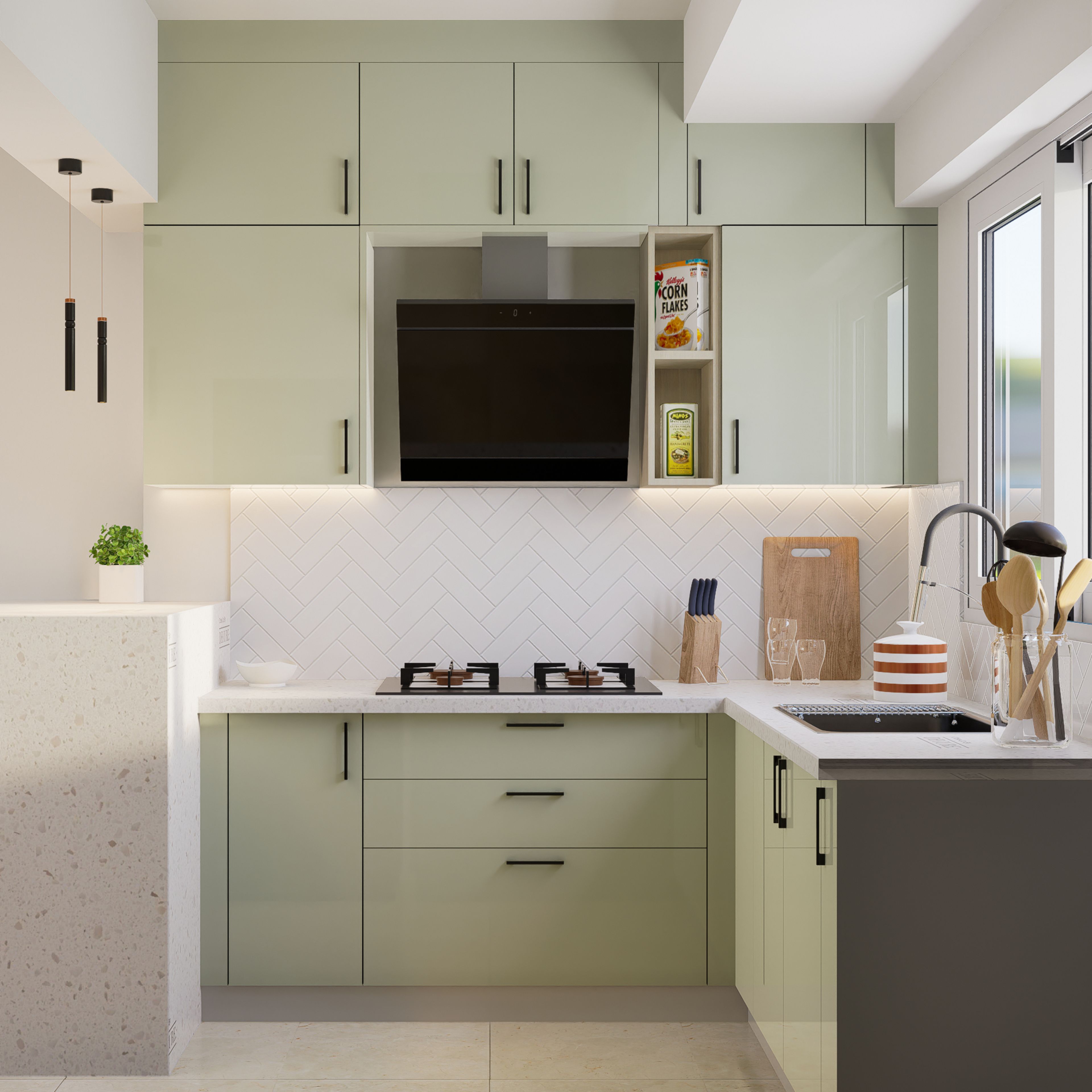 Modern U-Shaped Kitchen Design in Mentolo Green With Quartz Countertop