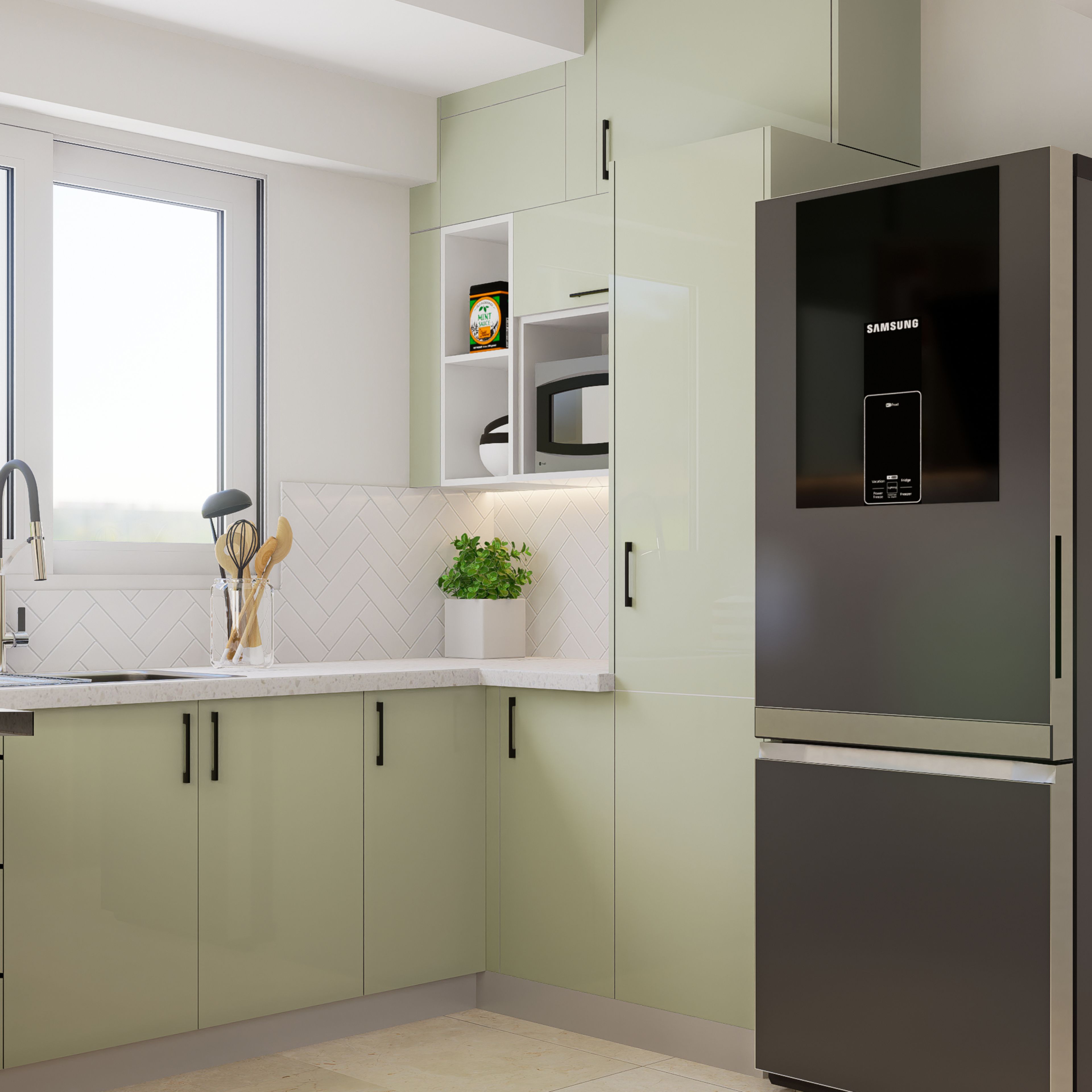 U-Shaped Kitchen Design in Mentolo Green With Quartz Countertop