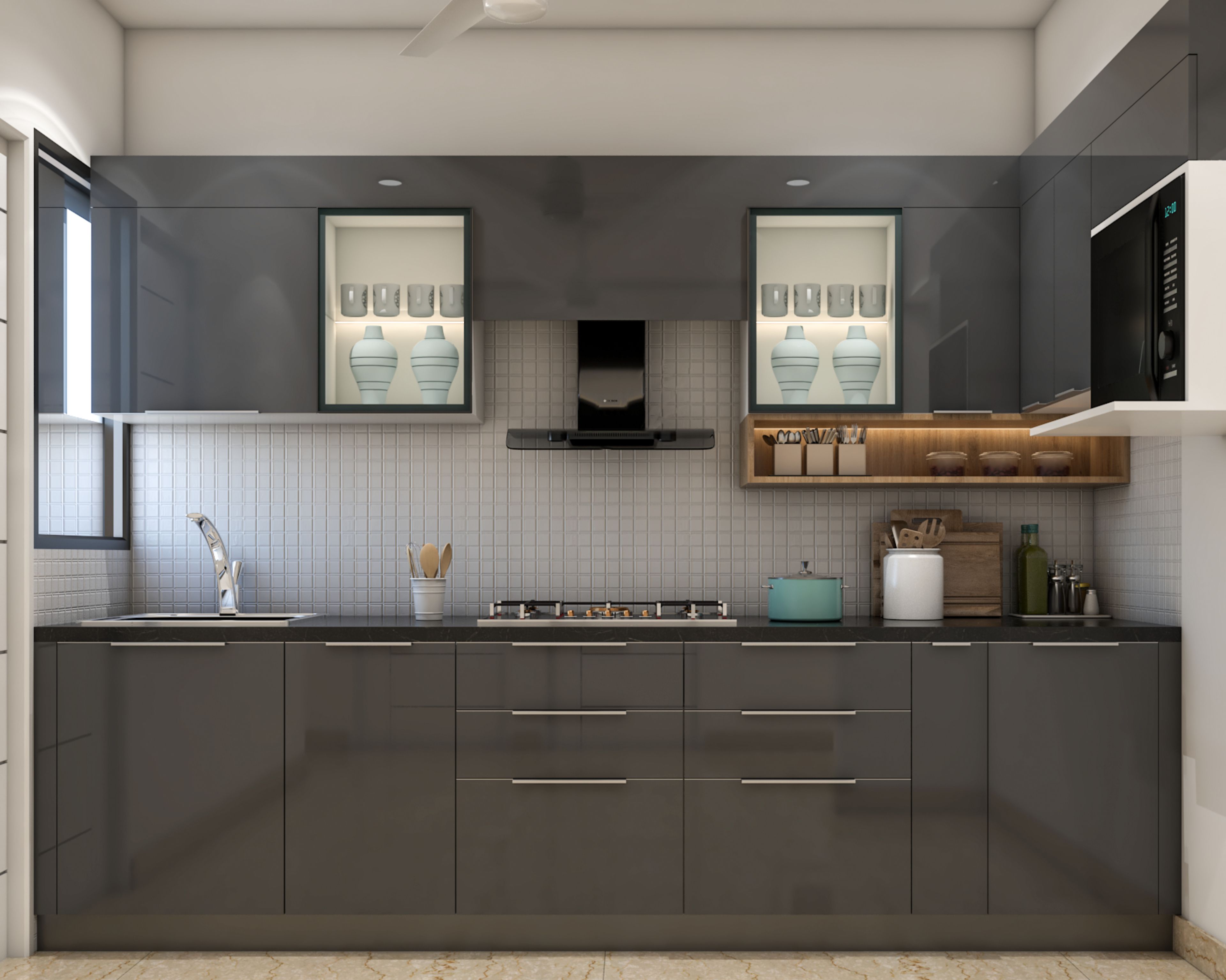 Grey Open Modern Kitchen Design With Glass Cabinets and Wooden Shelf