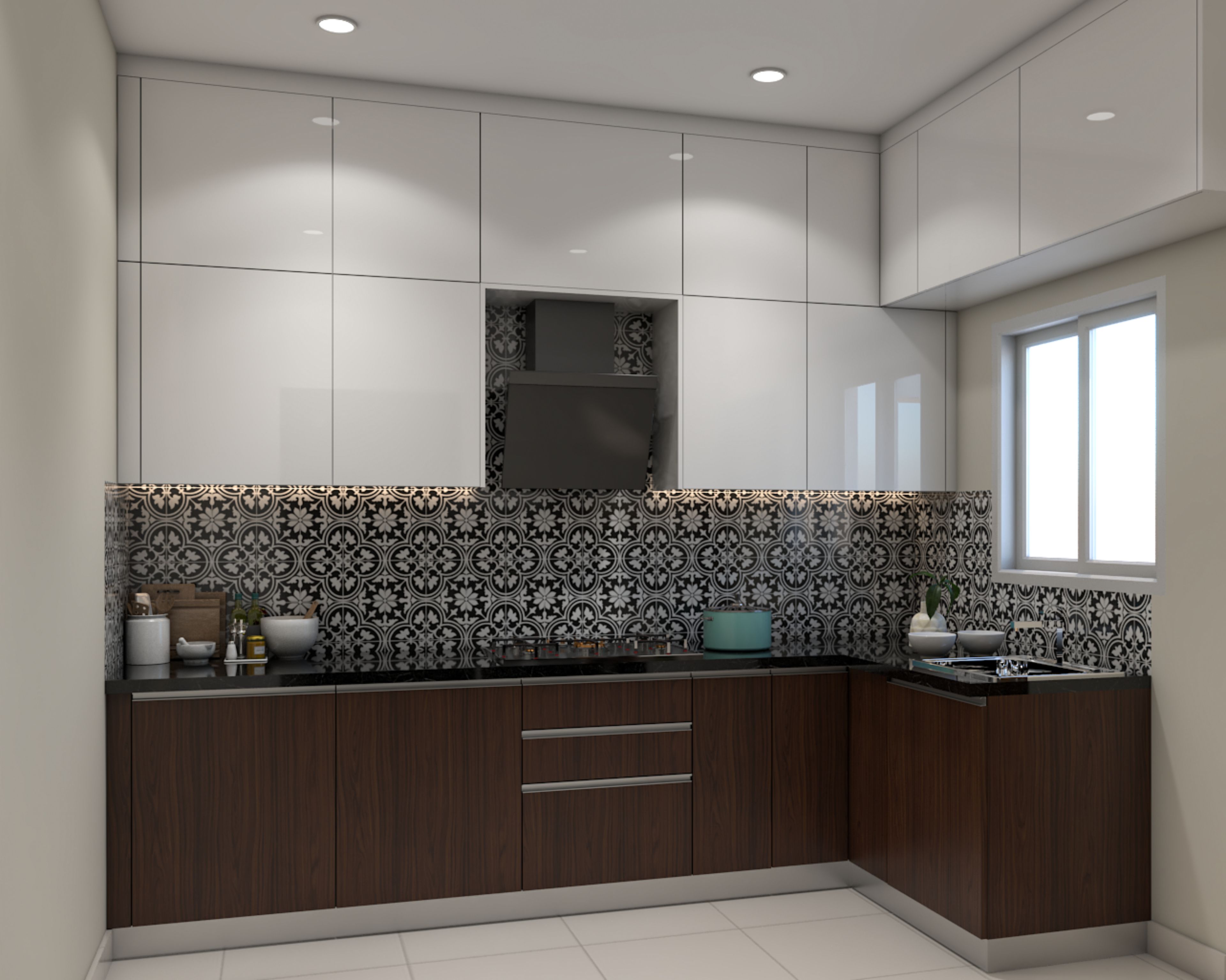 White and Walnut Contemporary L-Shaped Kitchen Design With High Gloss Cabinets