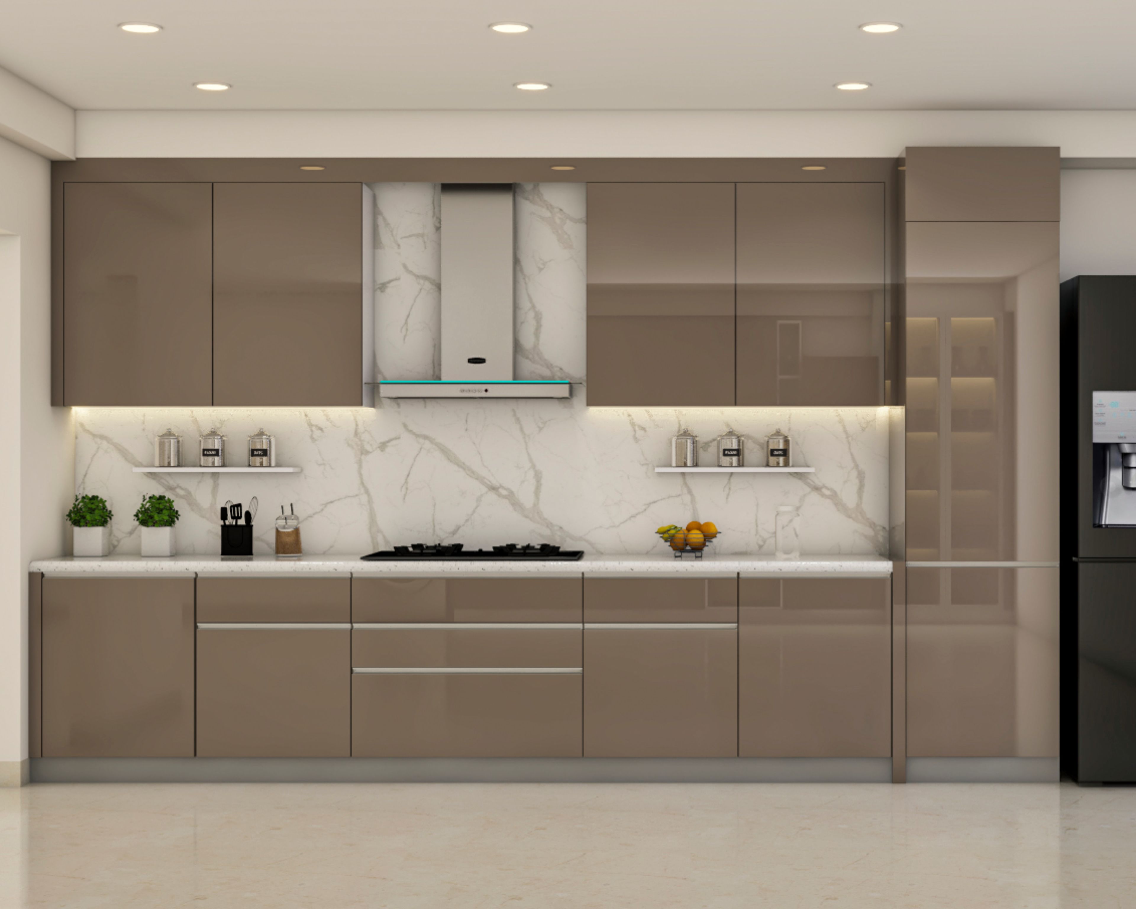 Contemporary Parallel Kitchen Design in Cappuccino With Quartz and Marble Touches