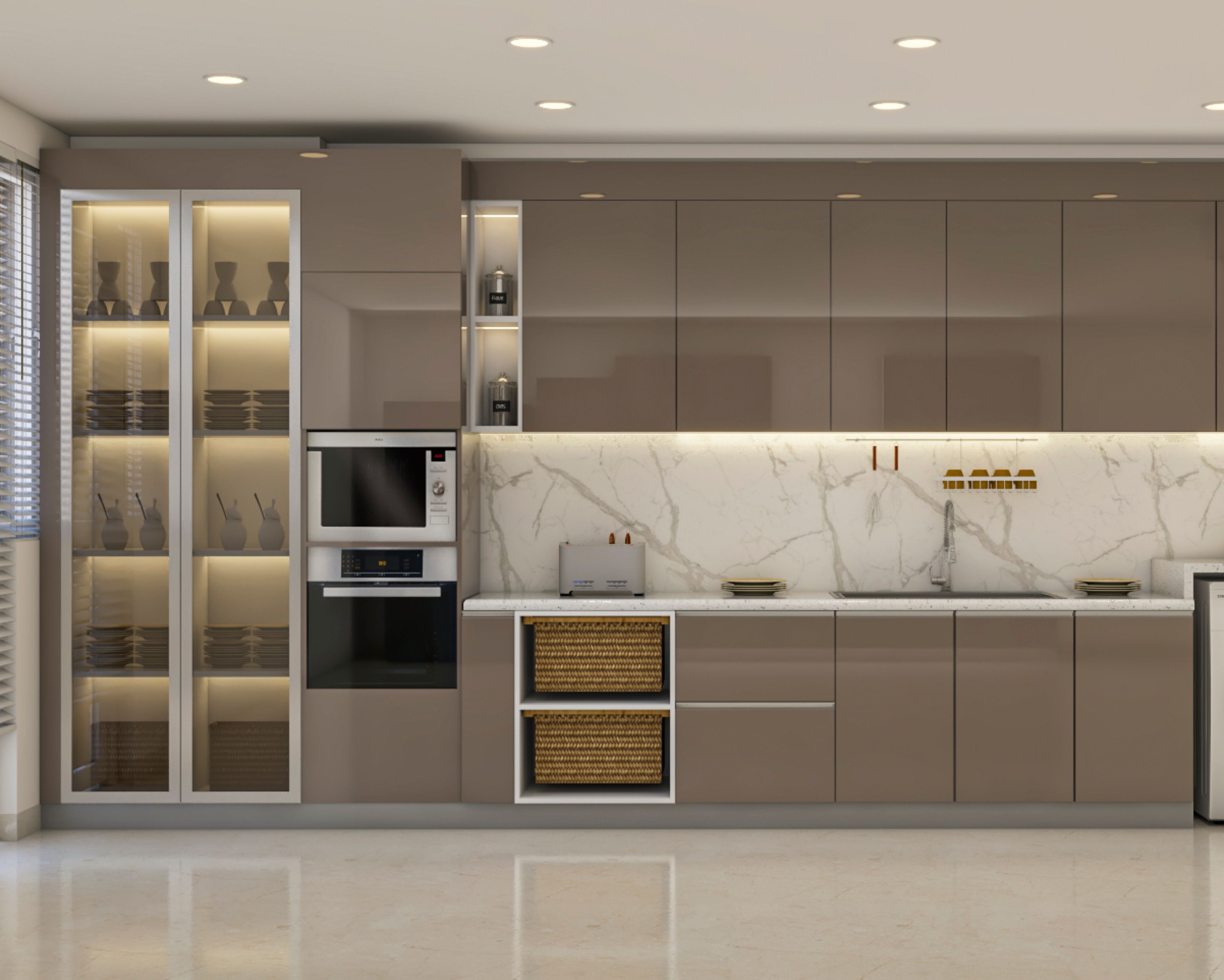 Parallel Kitchen Design in Cappuccino With Quartz and Marble Touches