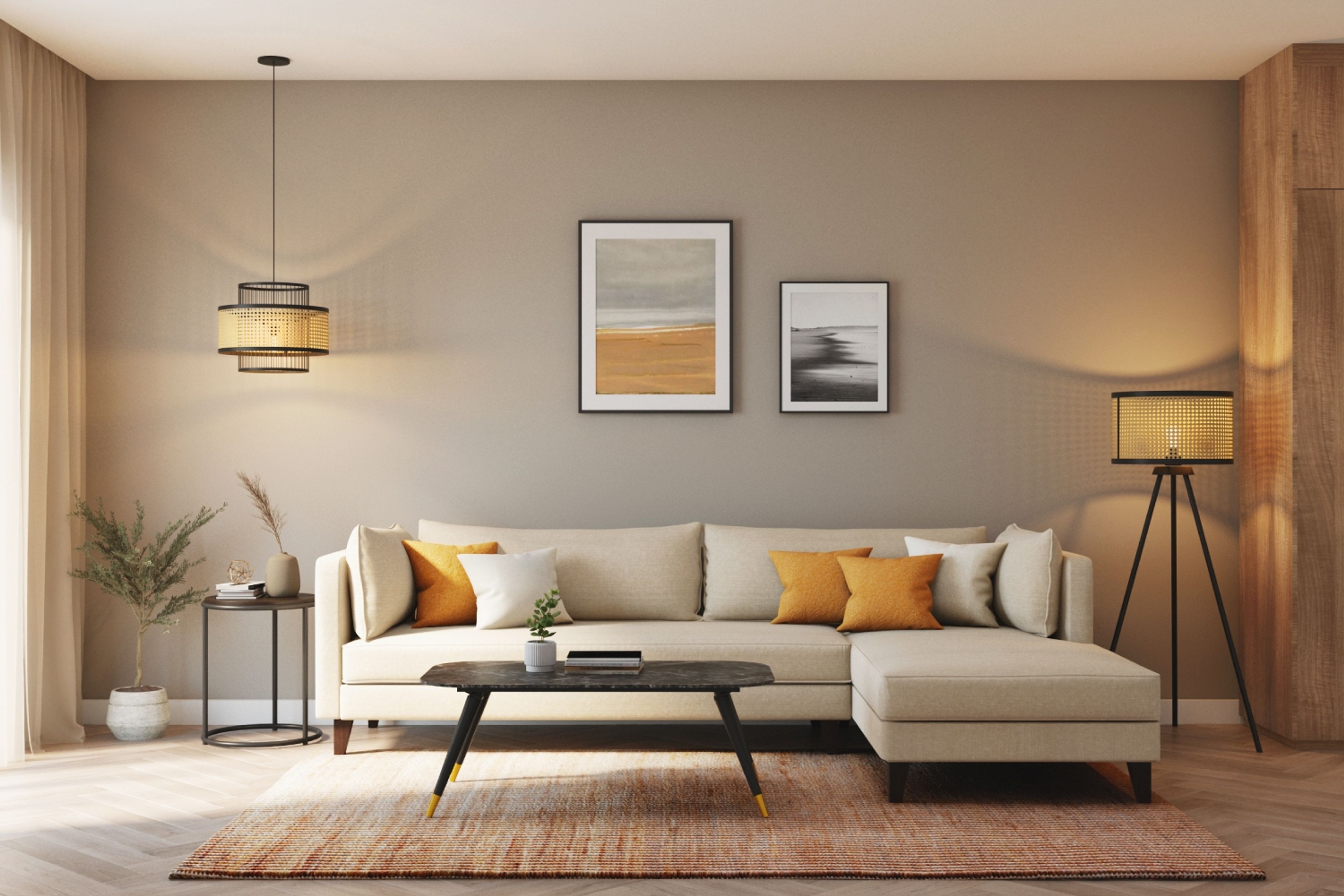 Modern Living Room Design with Beige L-Shaped Sectional Sofa