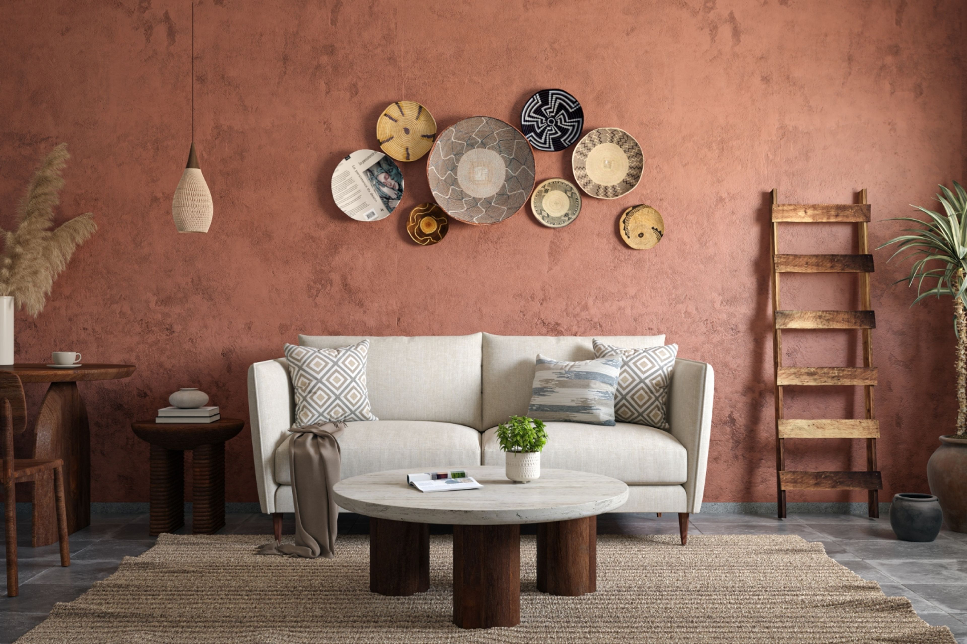 Bohemian Living Room Design with Light Beige Fabric Sofa
