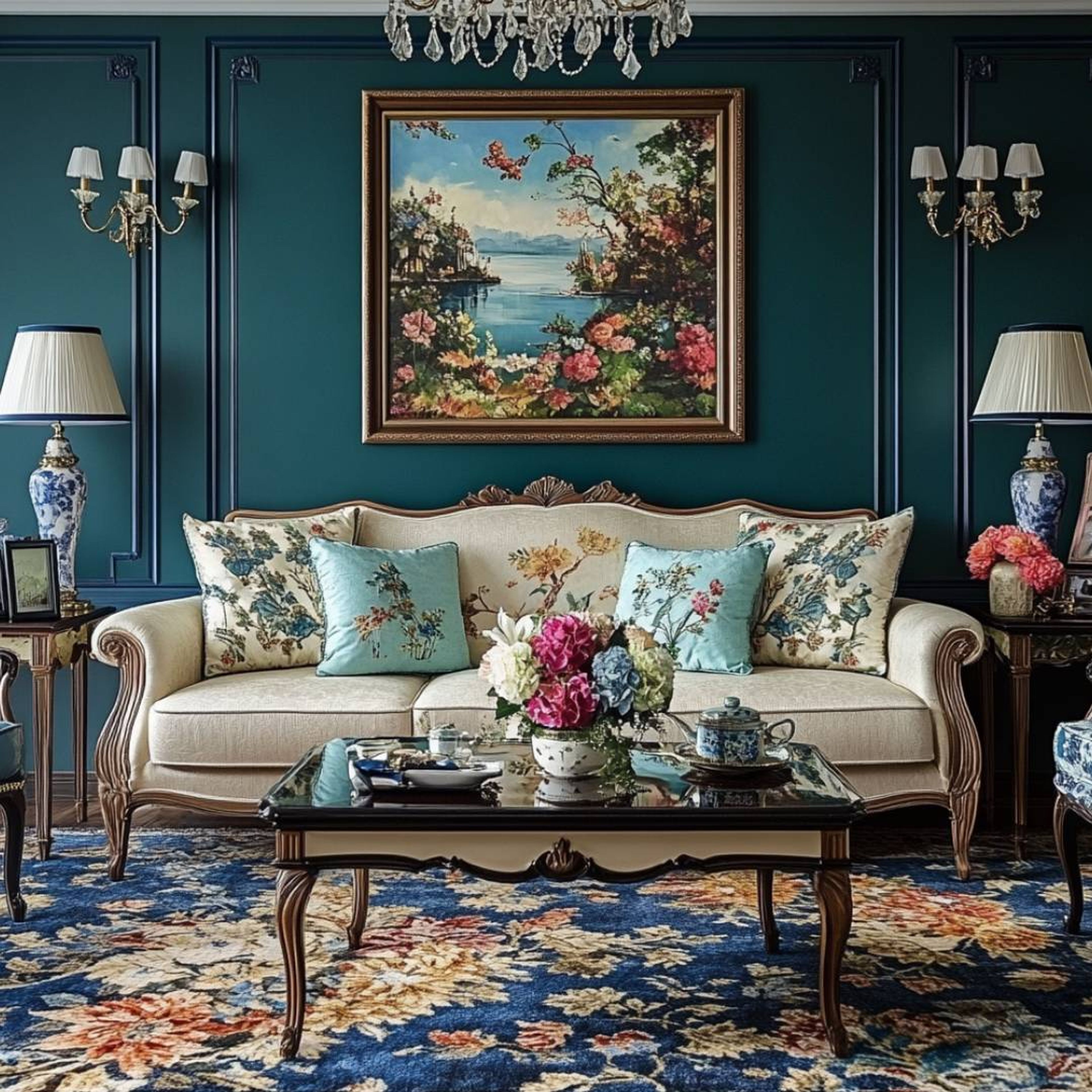 Classic Living Room Design with Teal Walls and Carved Sofa