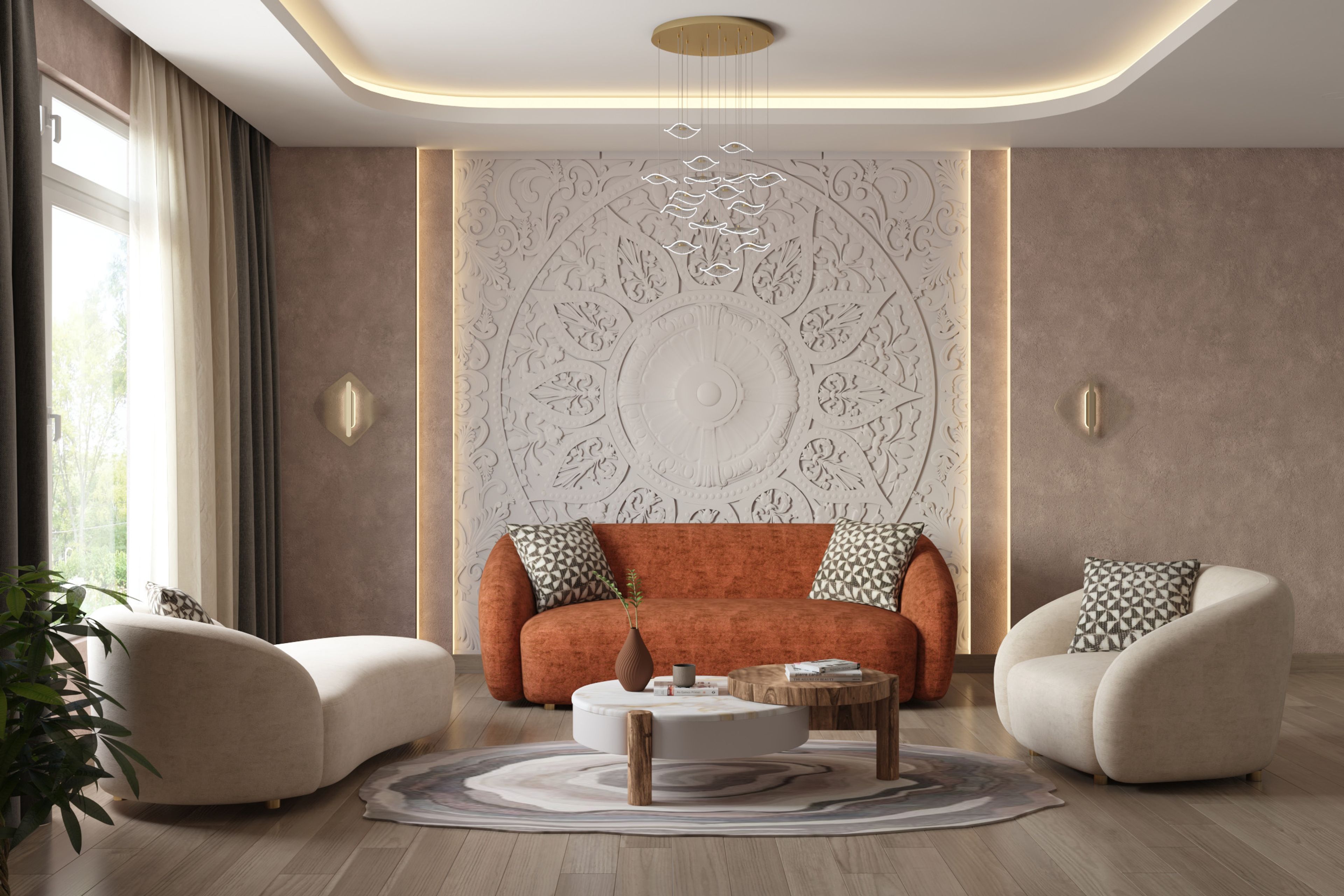 Modern Living Room Design With Burnt Terracotta Orange Sofa