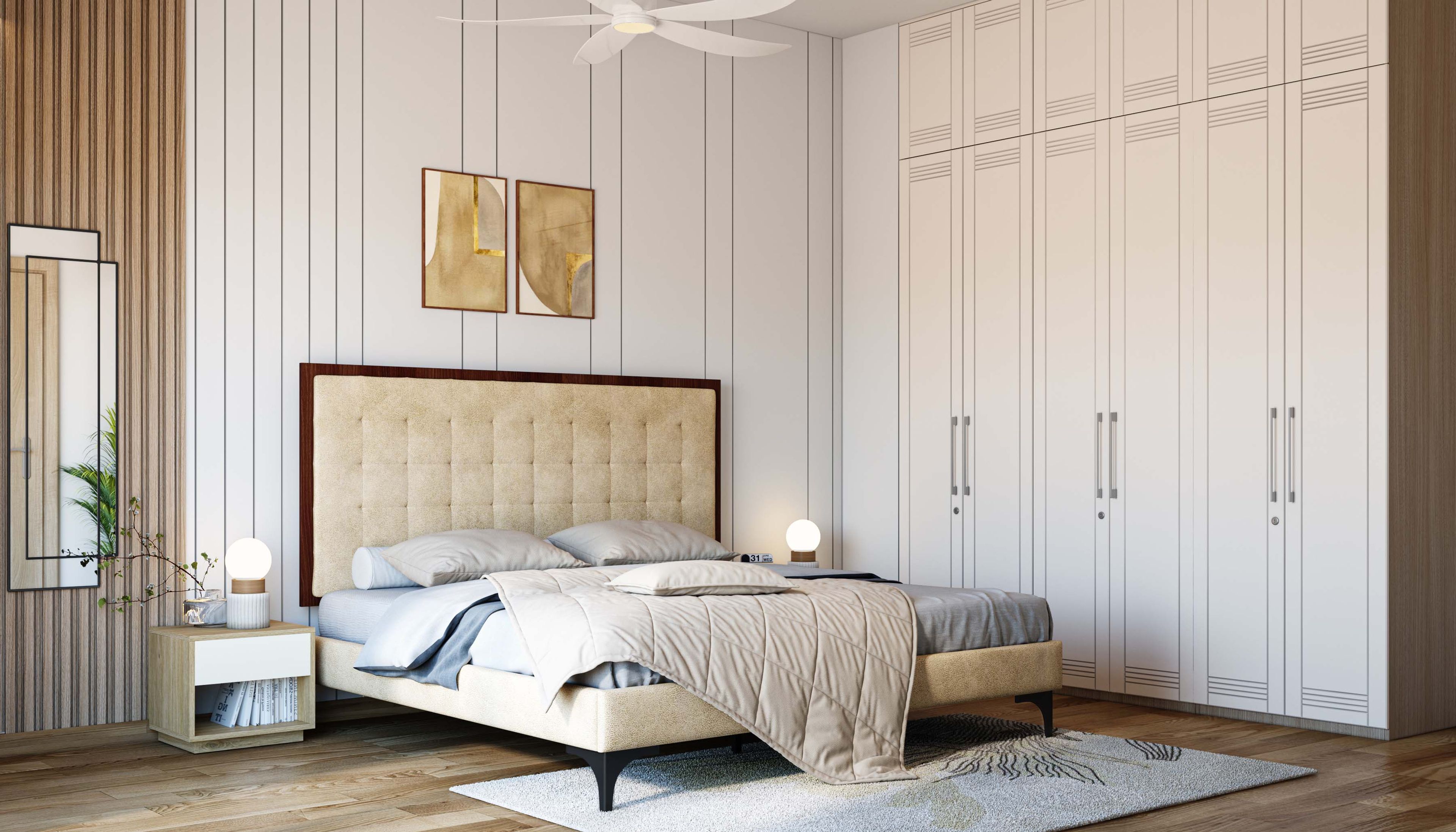 Master Bedroom Design with Tufted Bed and Swing Wardrobe