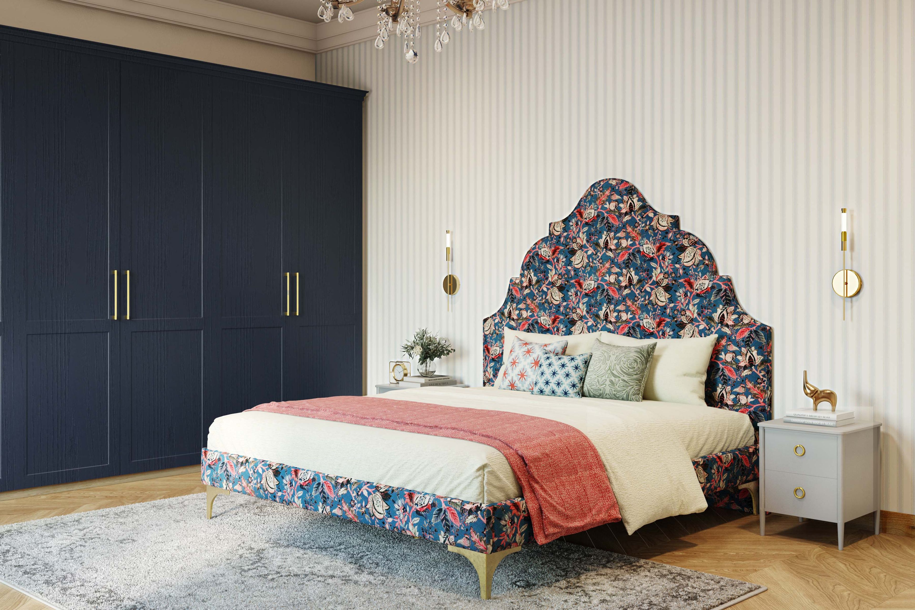 Master Bedroom Design With Floral Headboard and Gold Accents