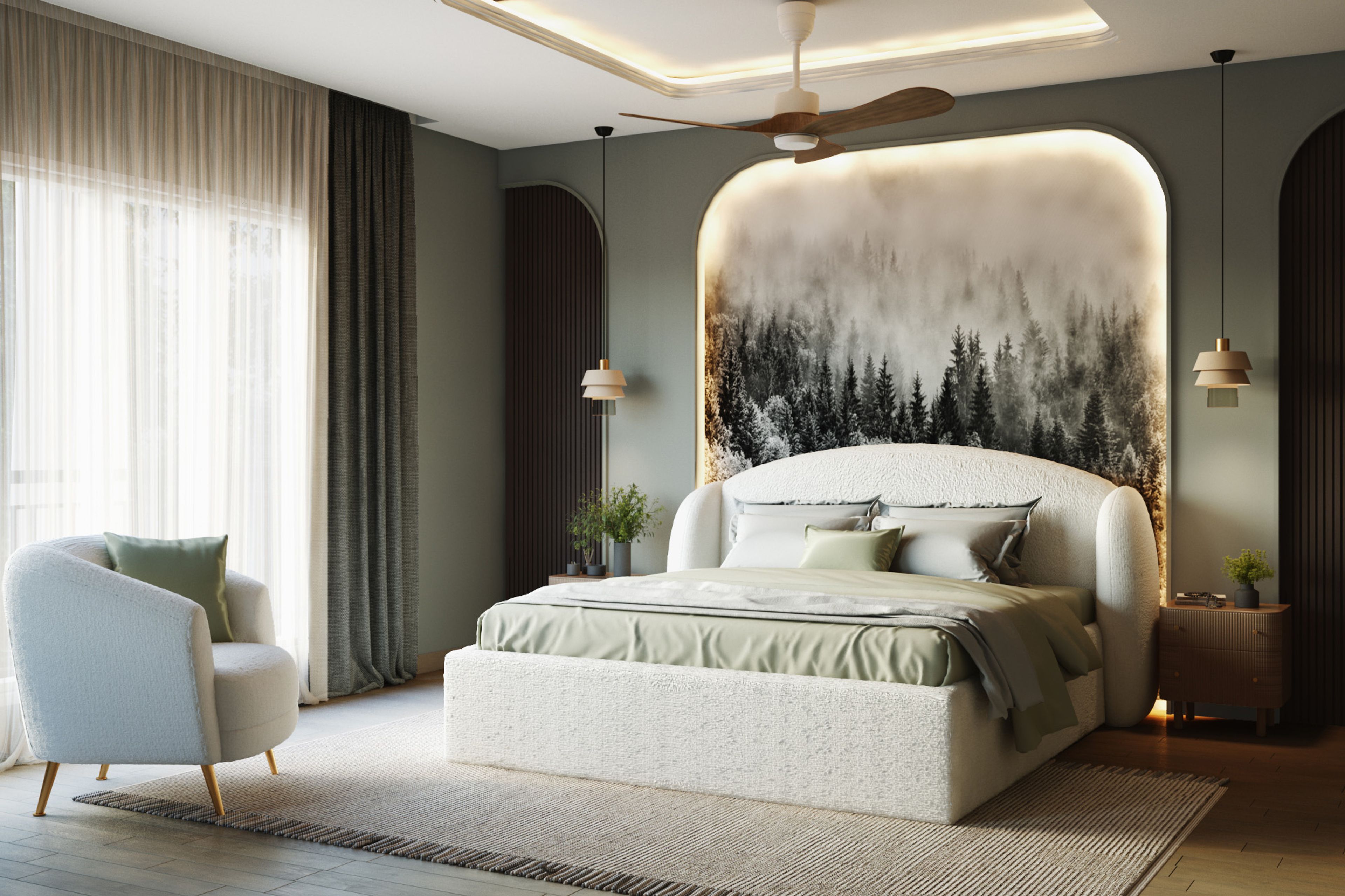 Contemporary Master Bedroom Design with Forest-Themed Mural Wallpaper