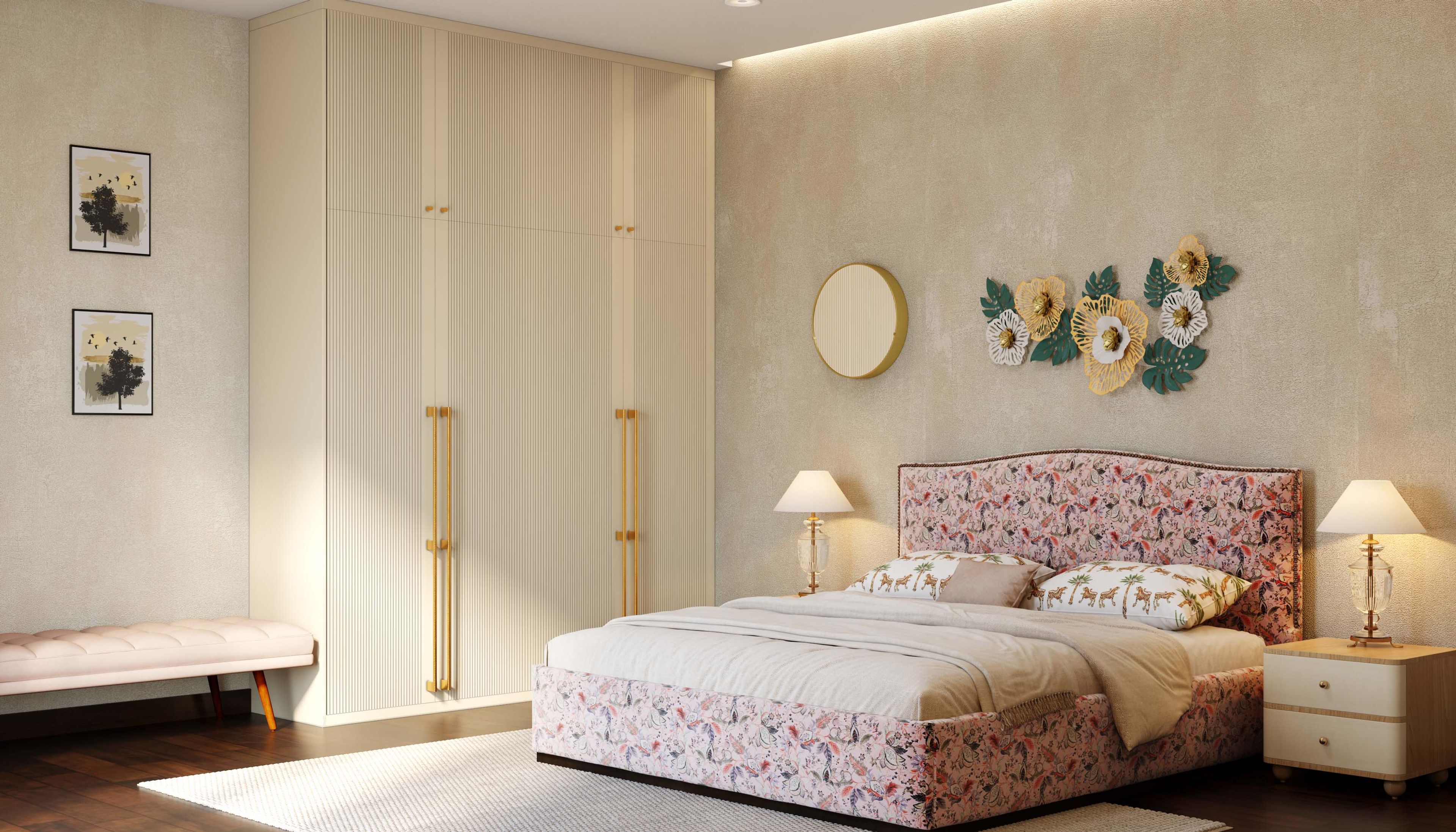 Master Bedroom Design with Floral Upholstered Bed