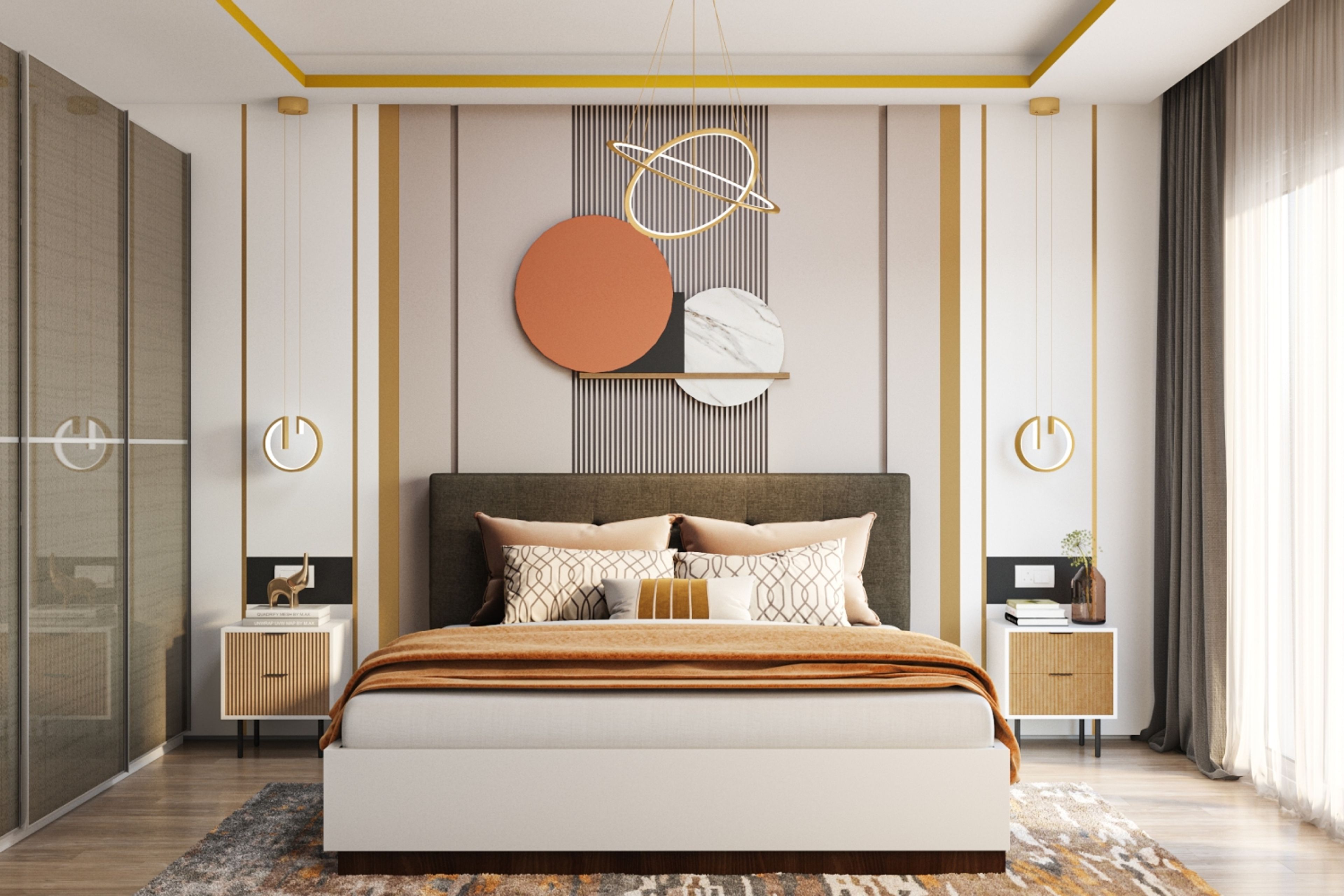 Master Bedroom Design with Geometric Art and Vertical Paneling