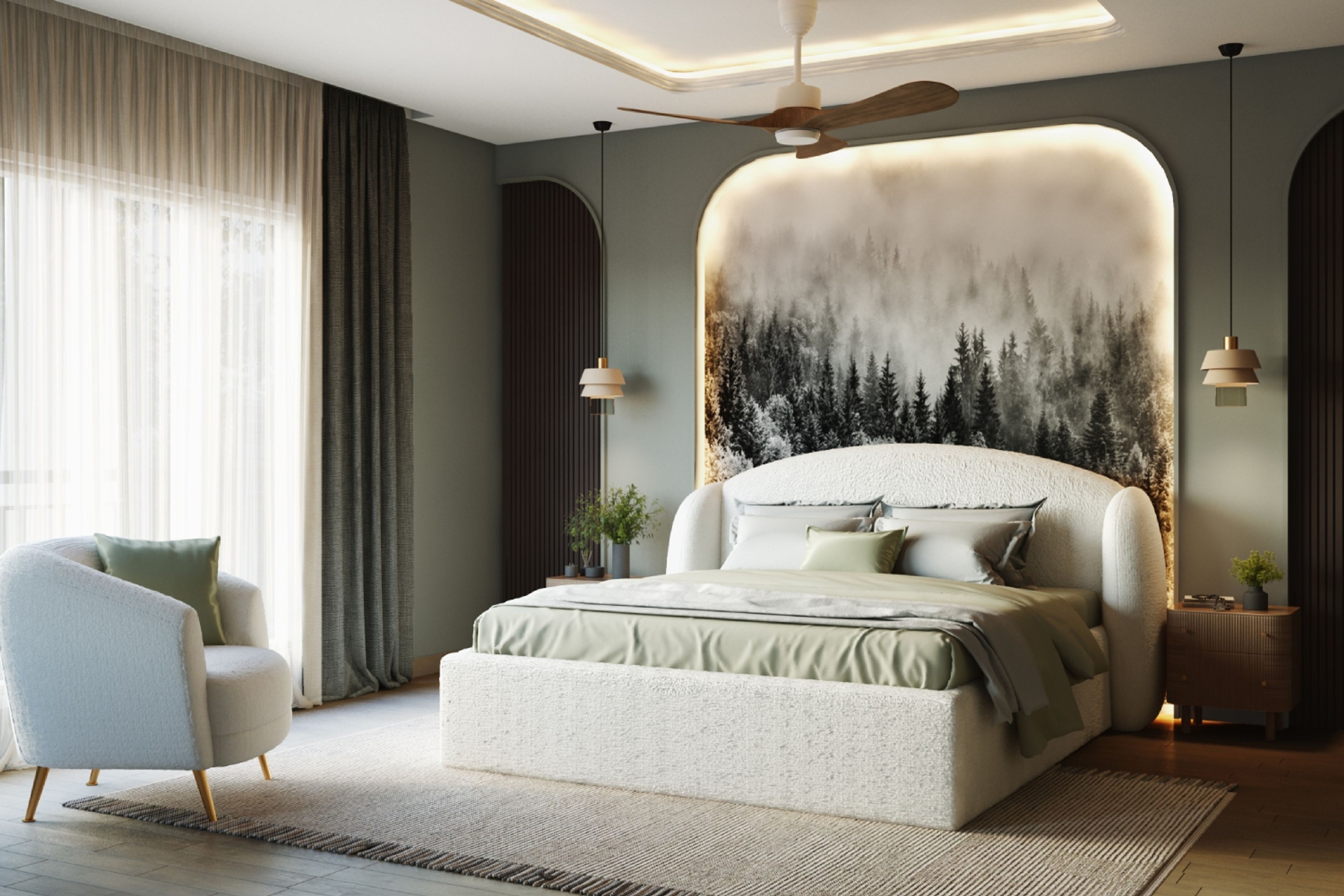 Forest-Themed Master Bedroom Design with Boucle Bed