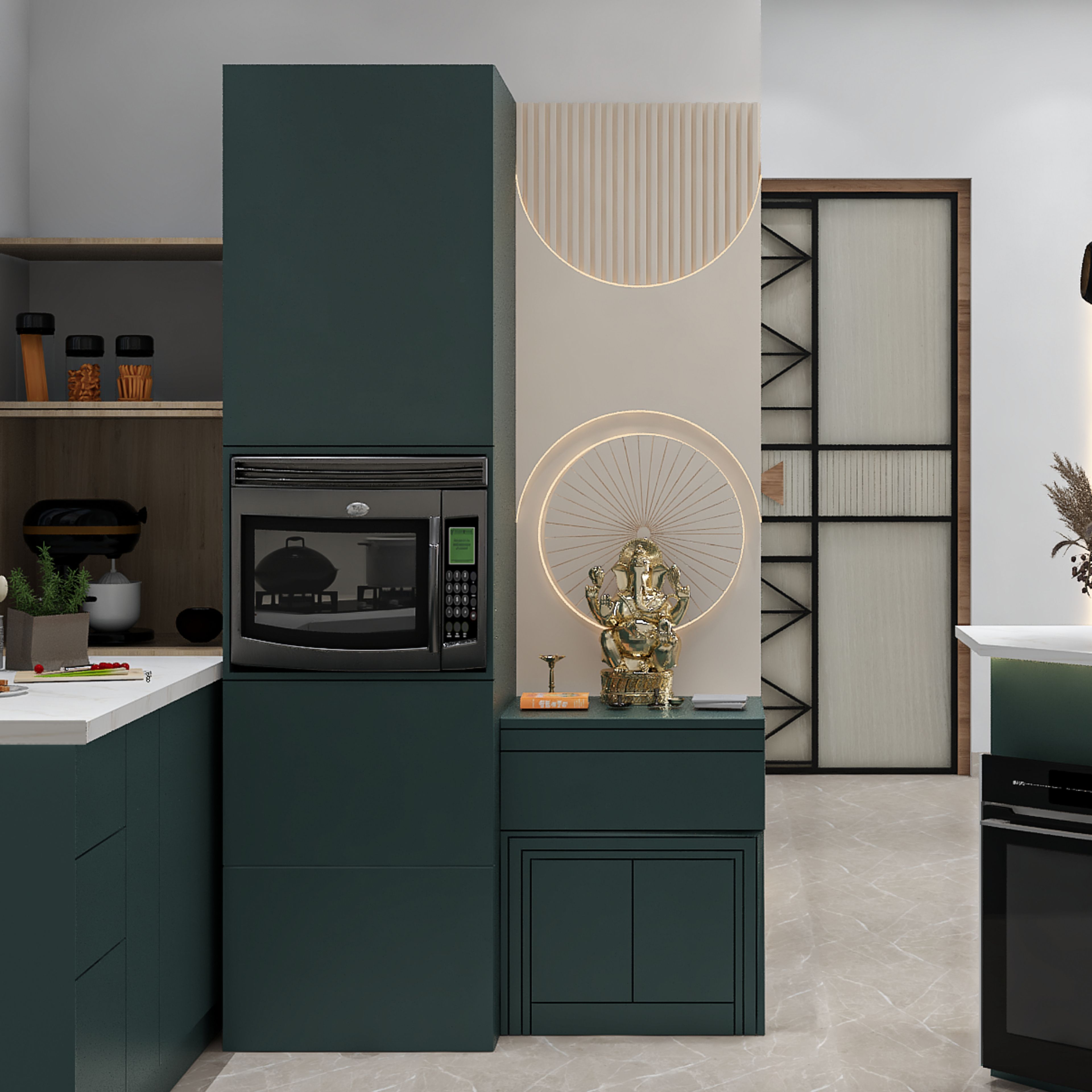 Contemporary Floor-Mounted Green Pooja Unit Design with Ganesh Idol