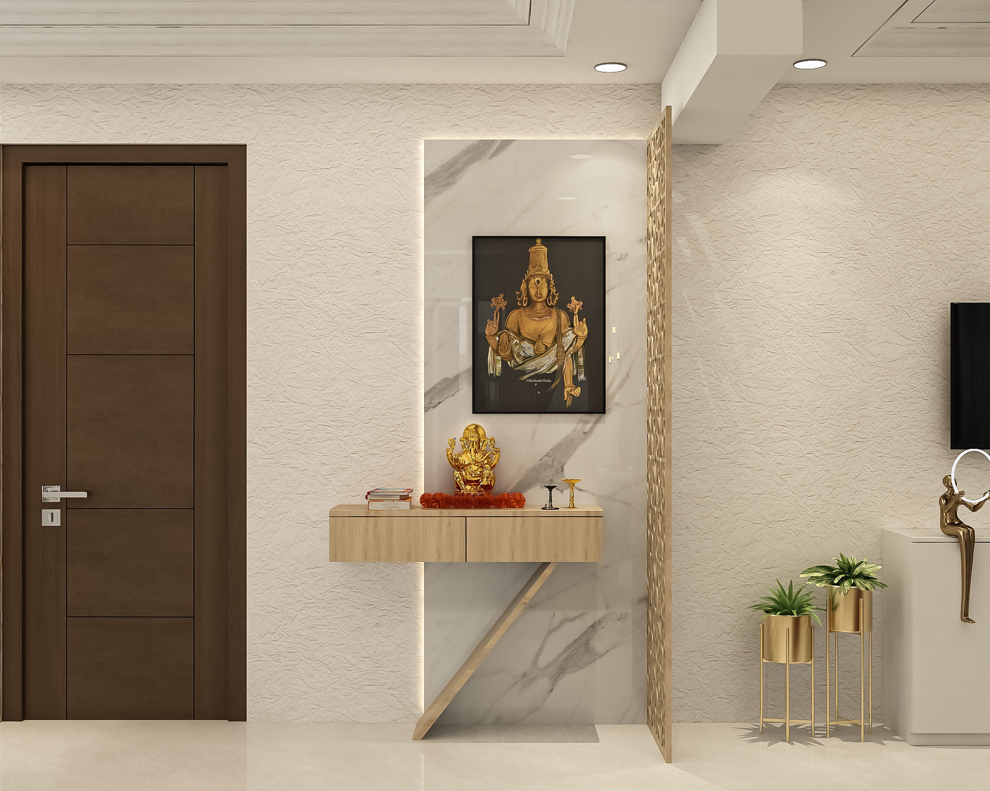 Contemporary Wall-Mounted Pooja Unit Design with Acacia Wood Finish