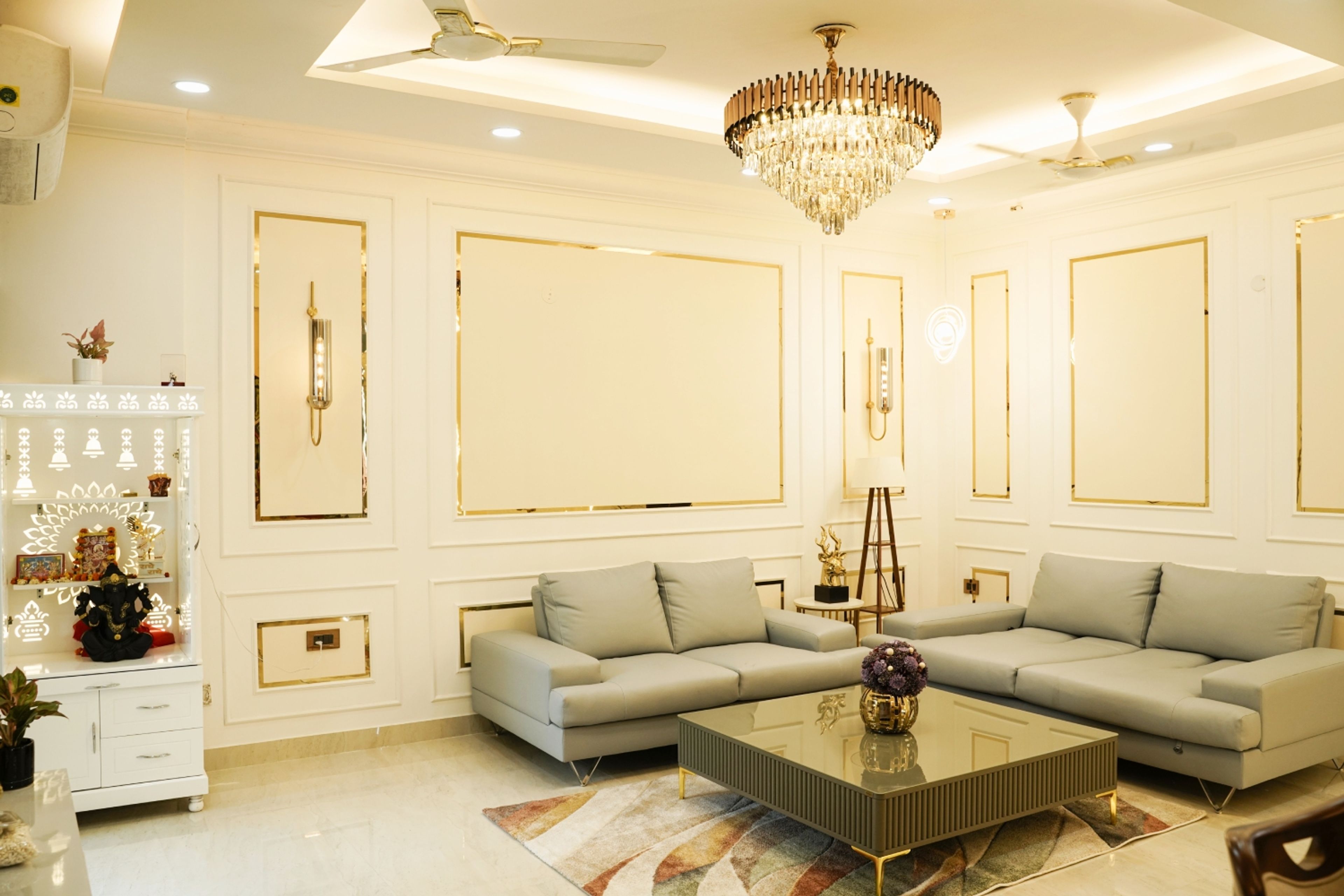Free-Standing Contemporary Pooja Room Design with Ornate Shelves and Lighting