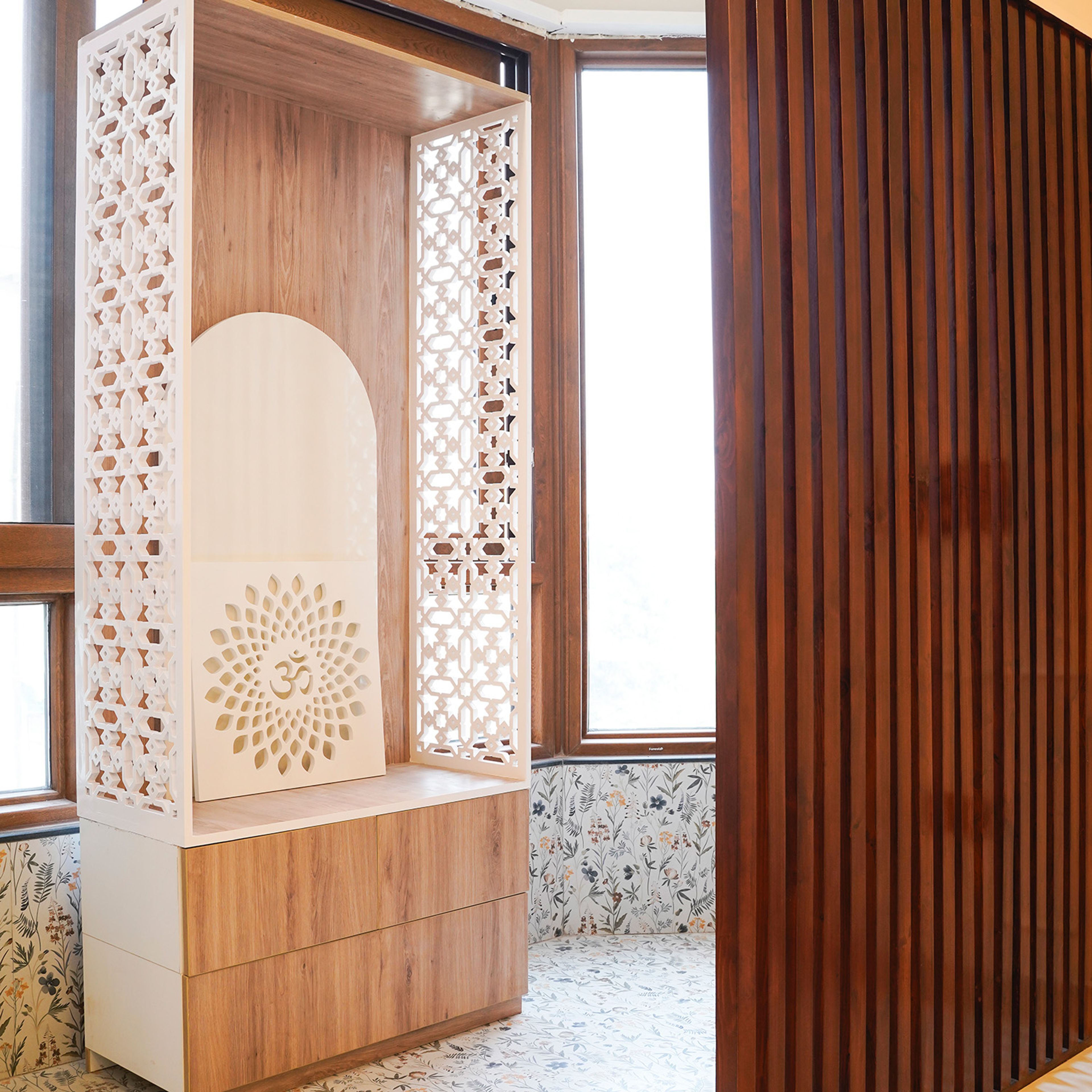 Tall Floor-Mounted Modern Pooja Room Design with Carved Wood Accents