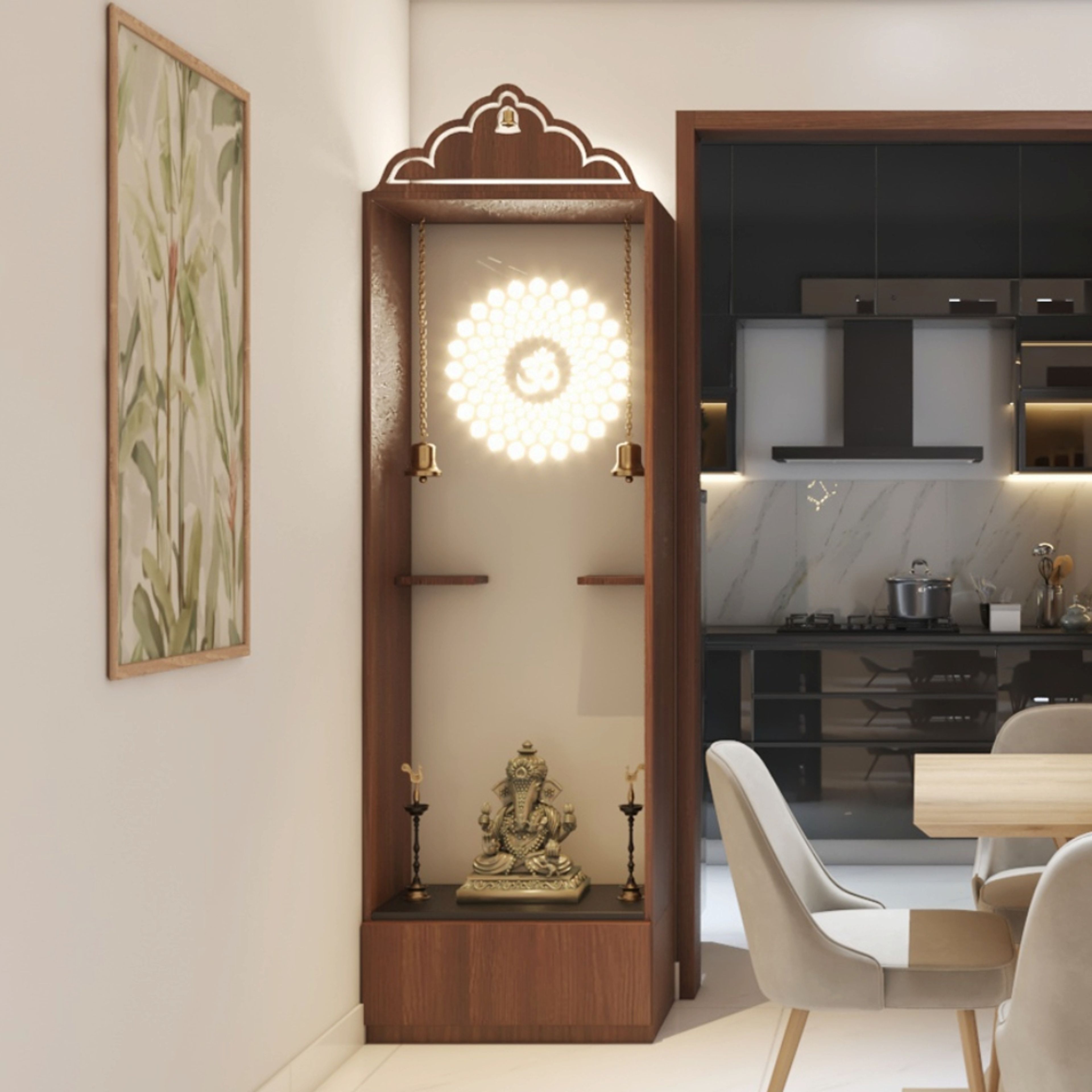 Compact Contemporary Pooja Unit Design with Lighted Om Backdrop