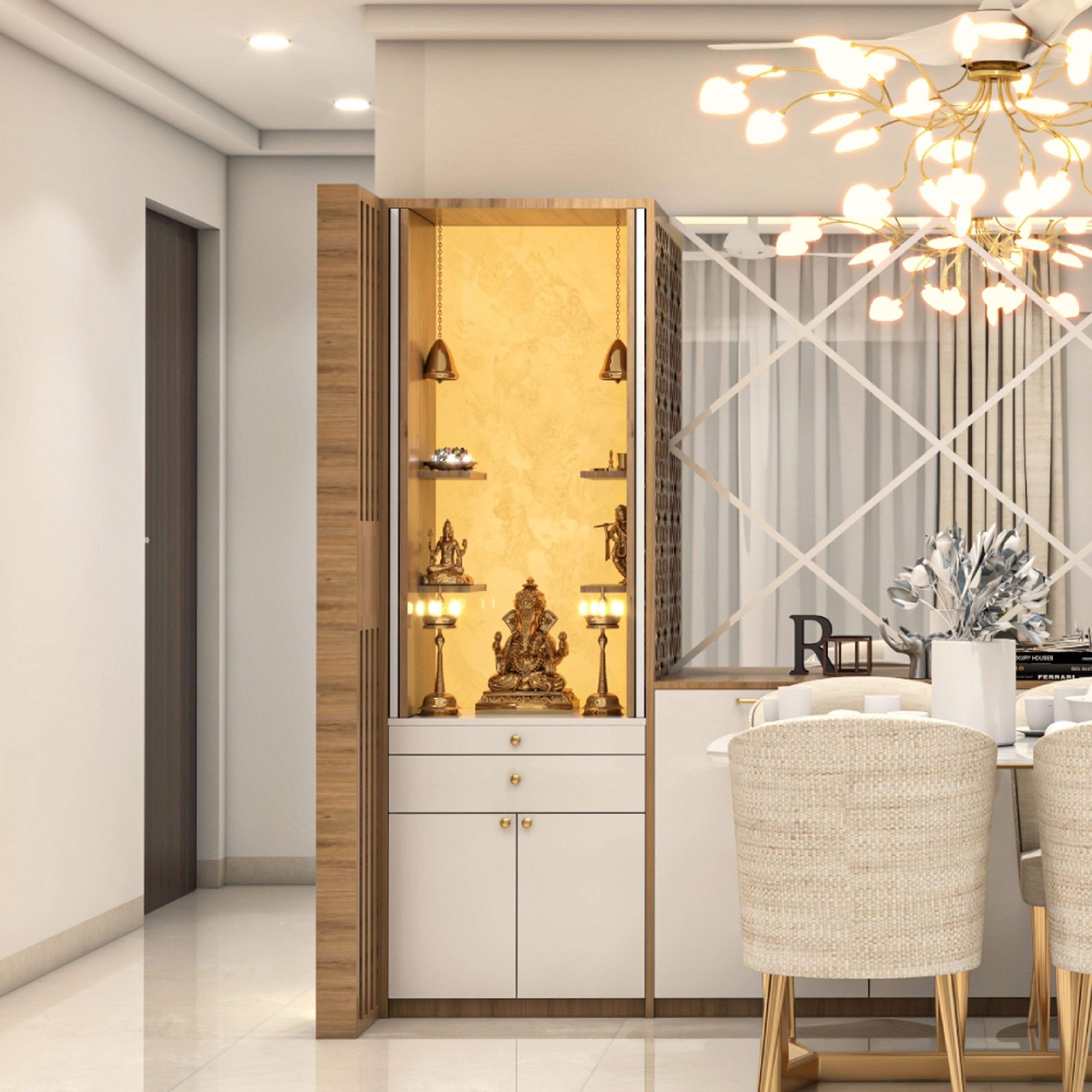 White Contemporary Pooja Unit Design with Warm Lighting