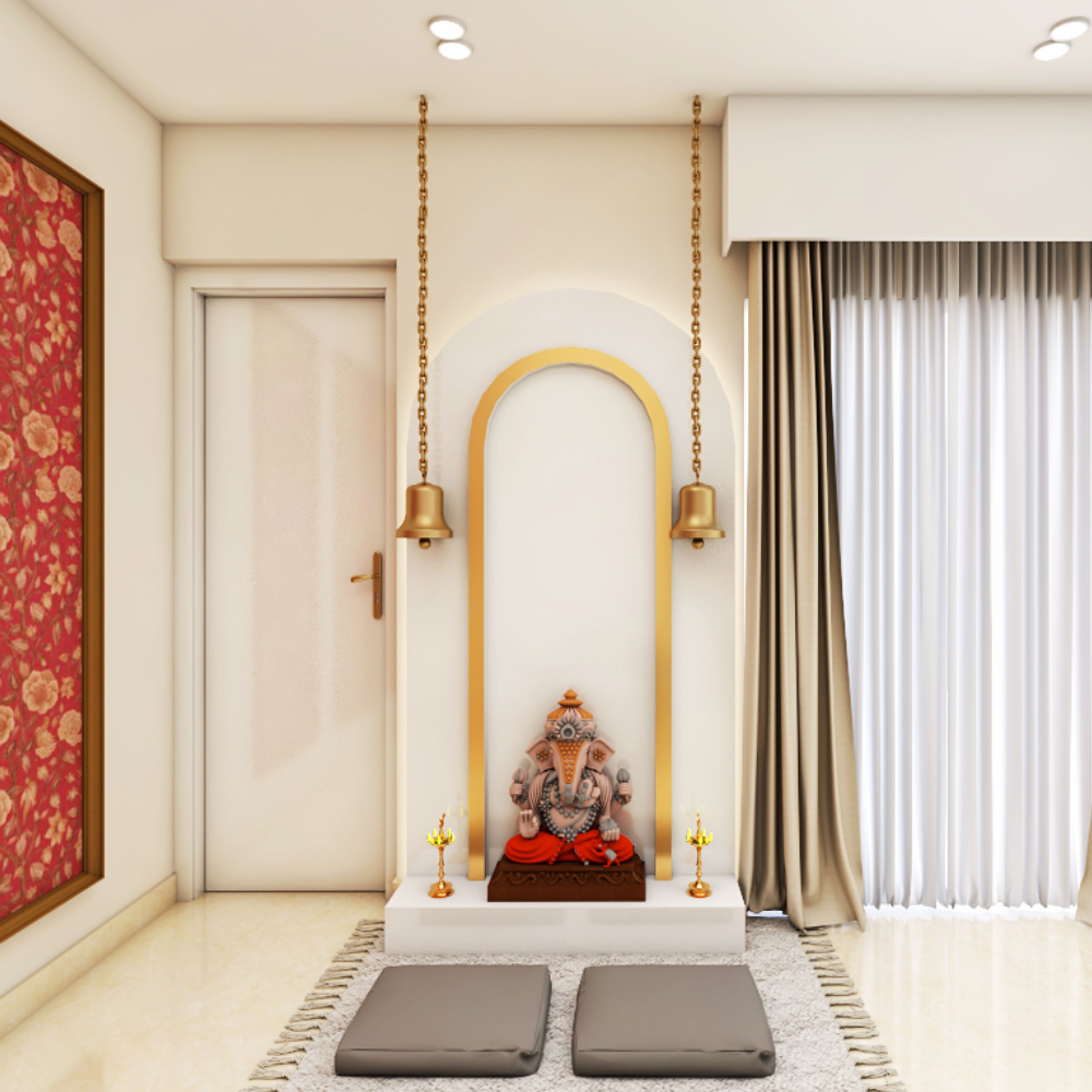 White Contemporary Pooja Unit Design with Golden Bells and Arch