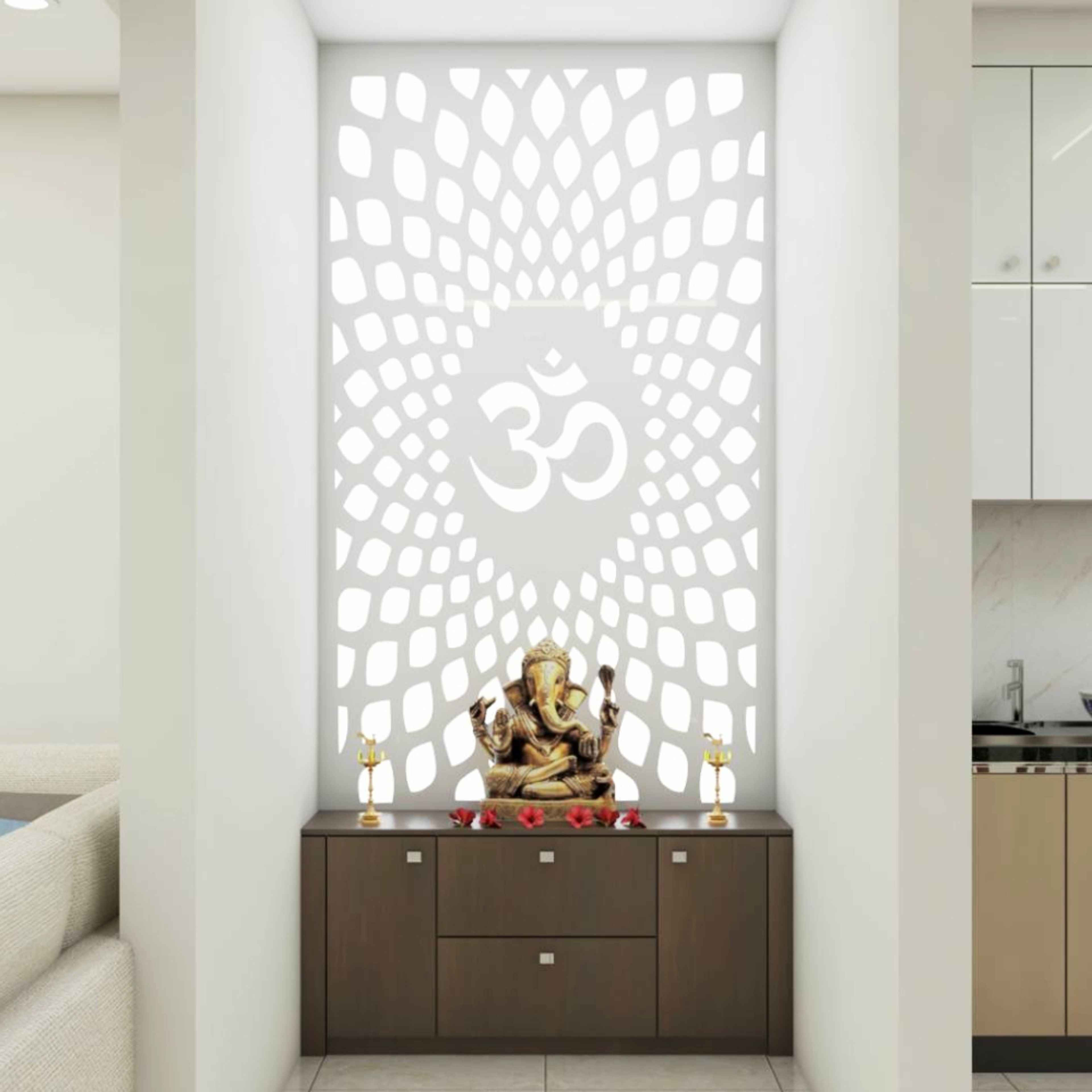 Crescent Acacia Modern Pooja Unit Design with Illuminated Lattice Backdrop