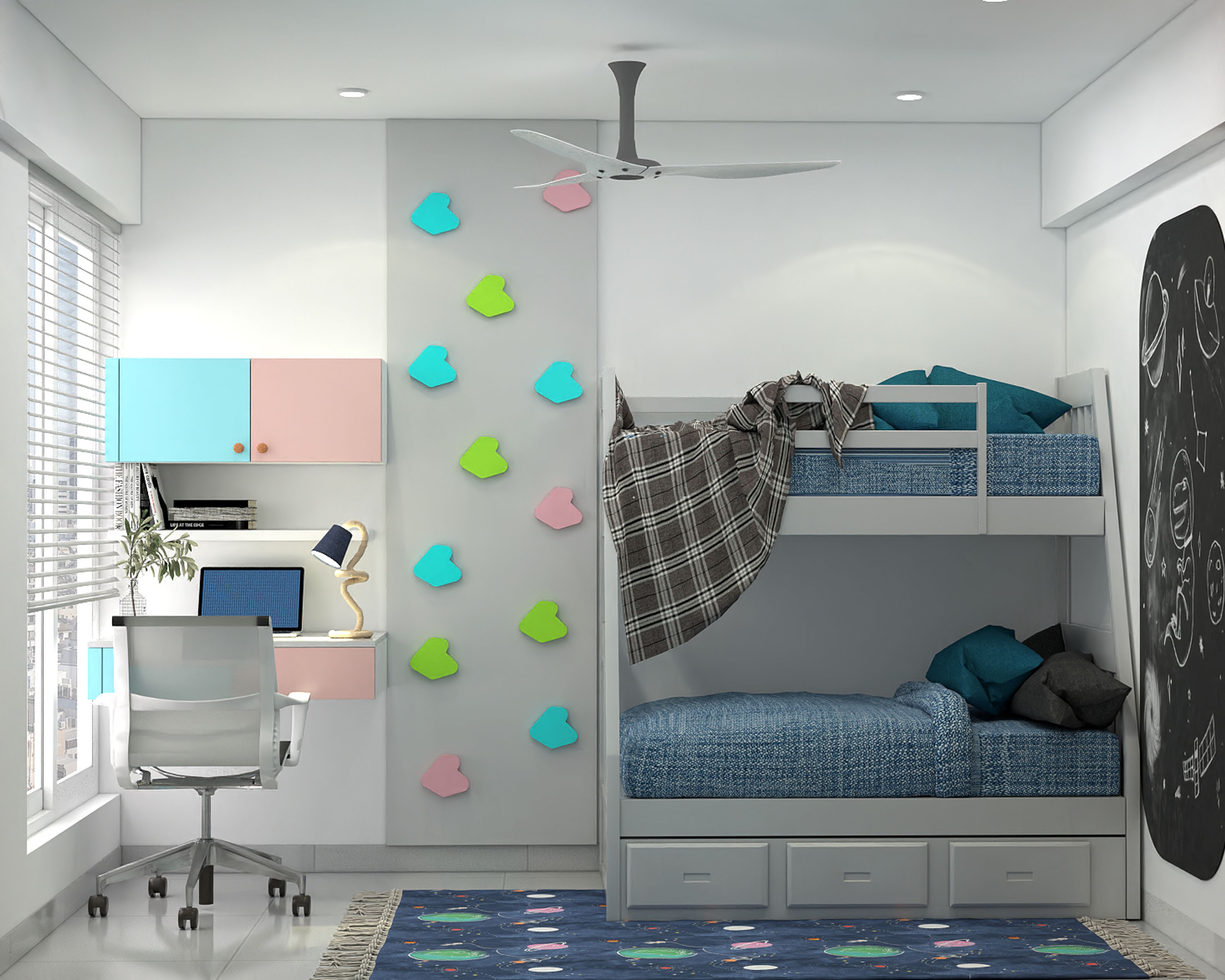 Compact Kids' Room Design With Desk, Storage, and Climbing Wall