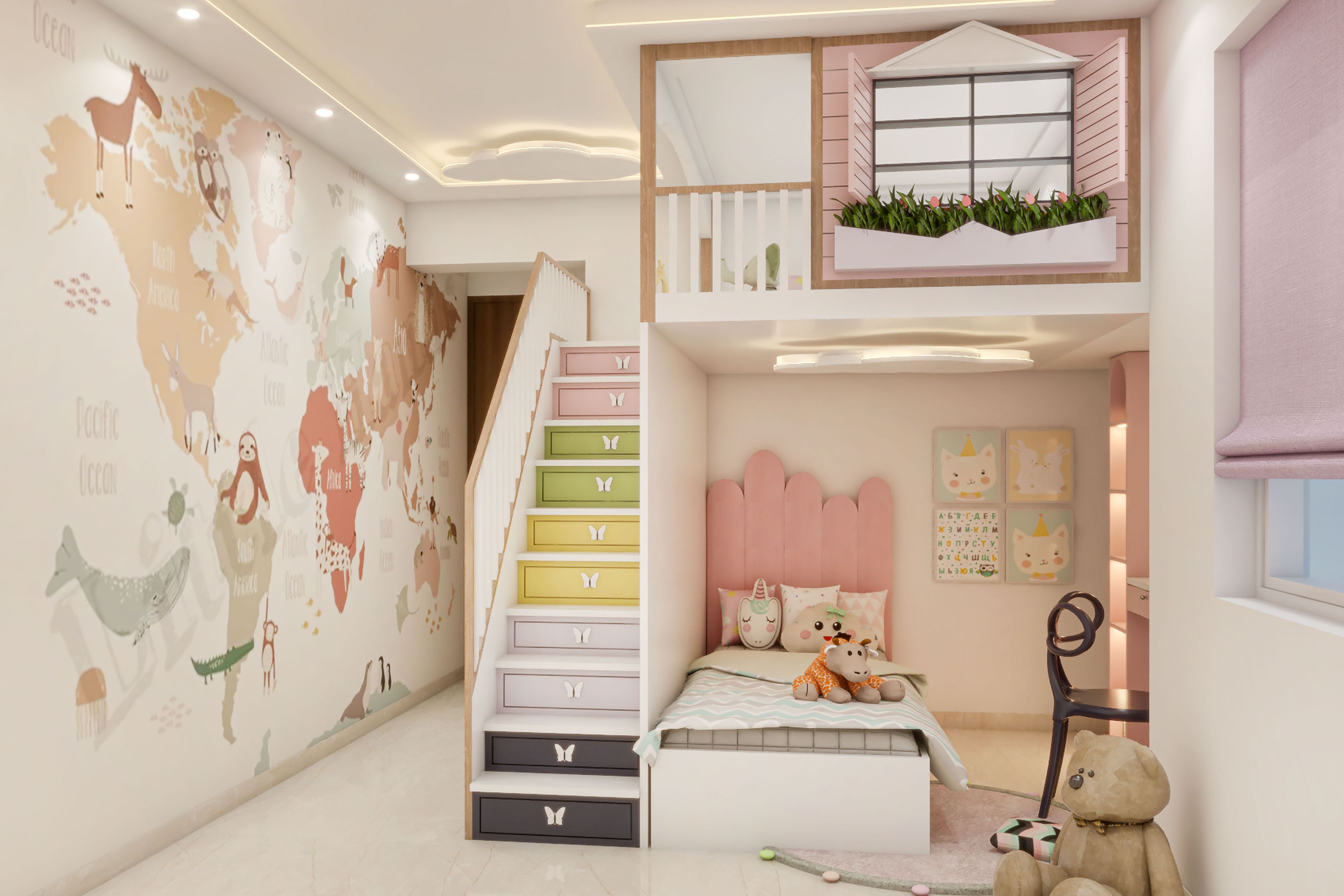 Compact Kids Room Design With Loft Play Area and Stair Storage