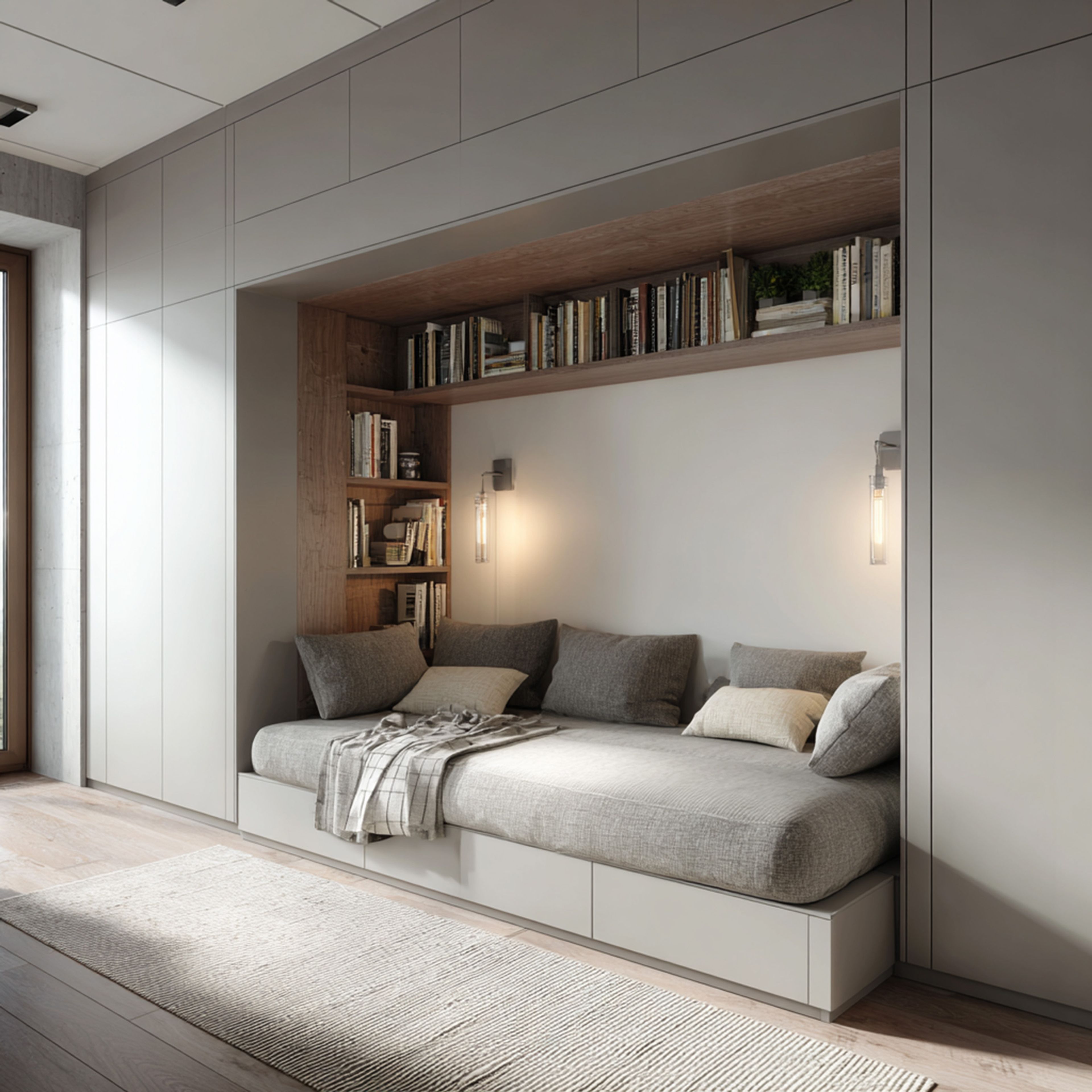 Built-in Daybed Space-Saving Design with Full Wall Storage