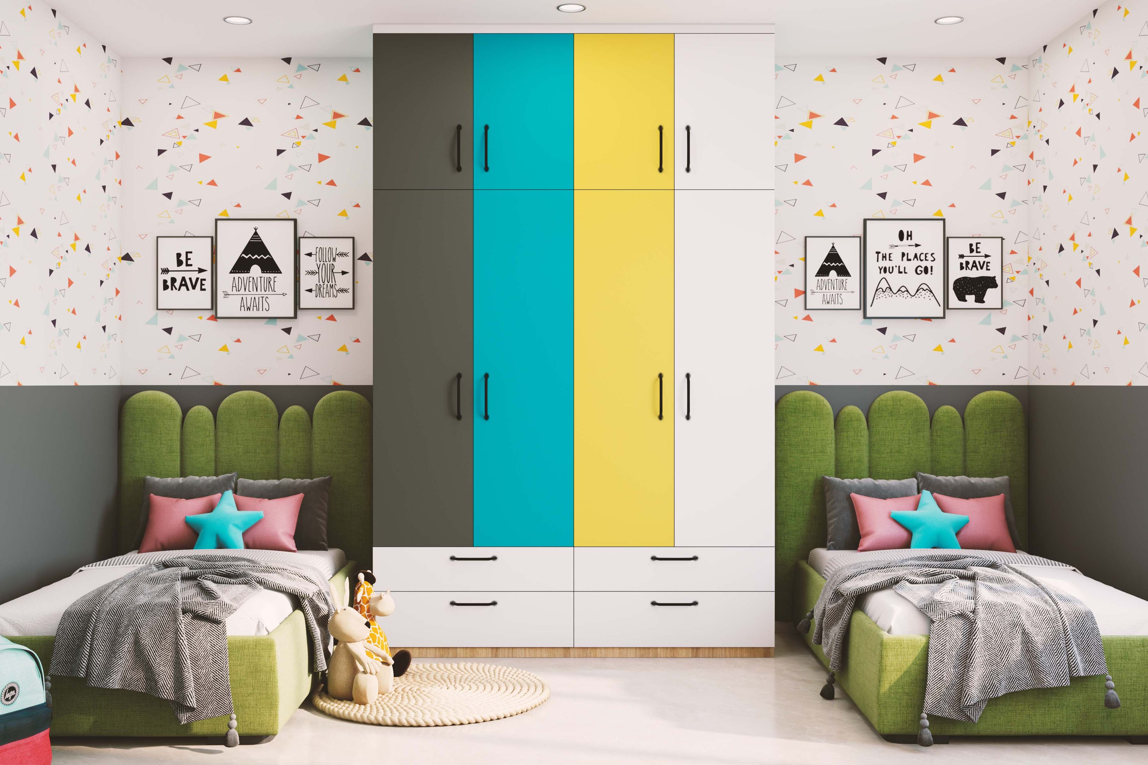 Twin Bedroom Featuring Playful Wardrobe and Built-In Drawers