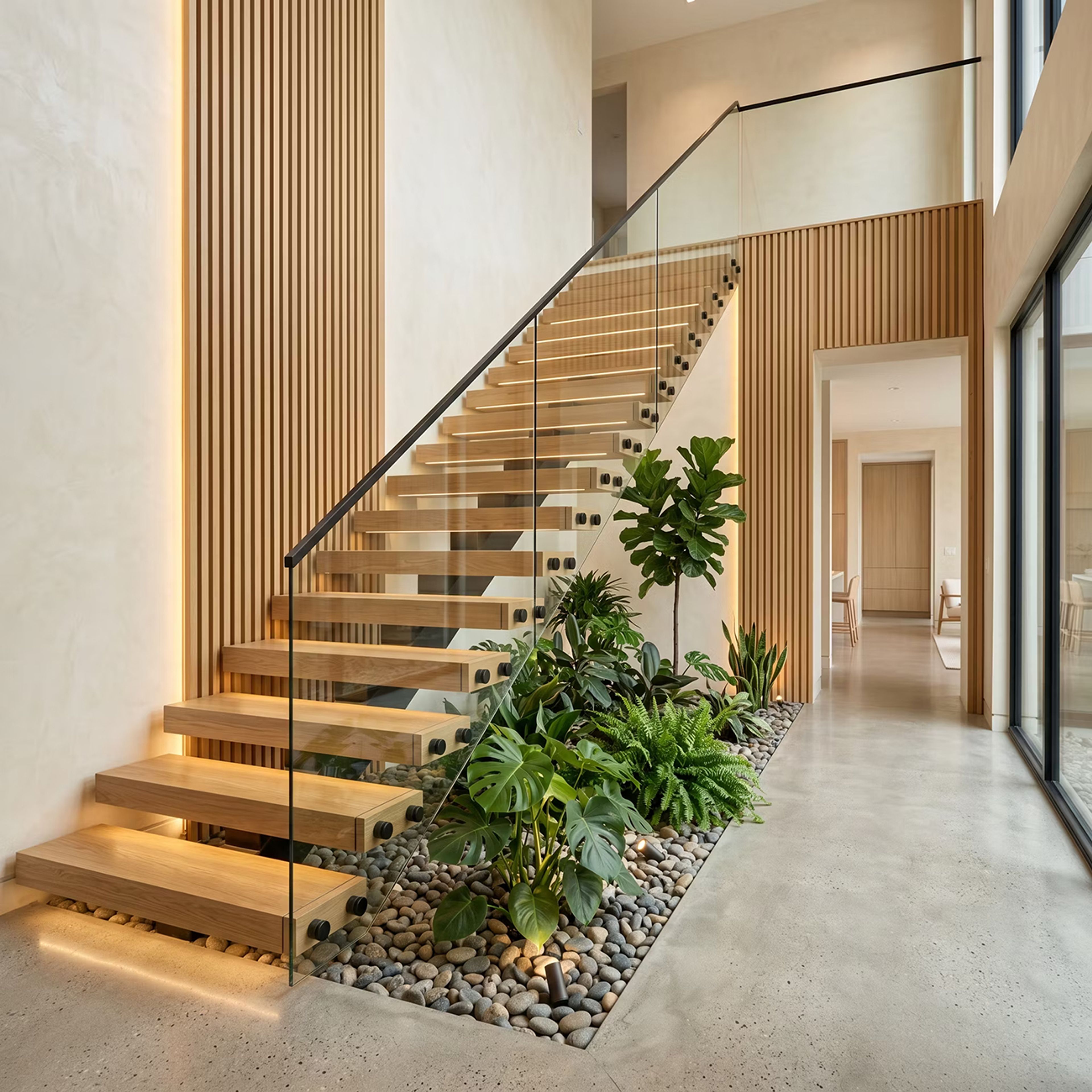Contemporary Staircase Design with Straight Wood Treads and Clear Glass Balustrade