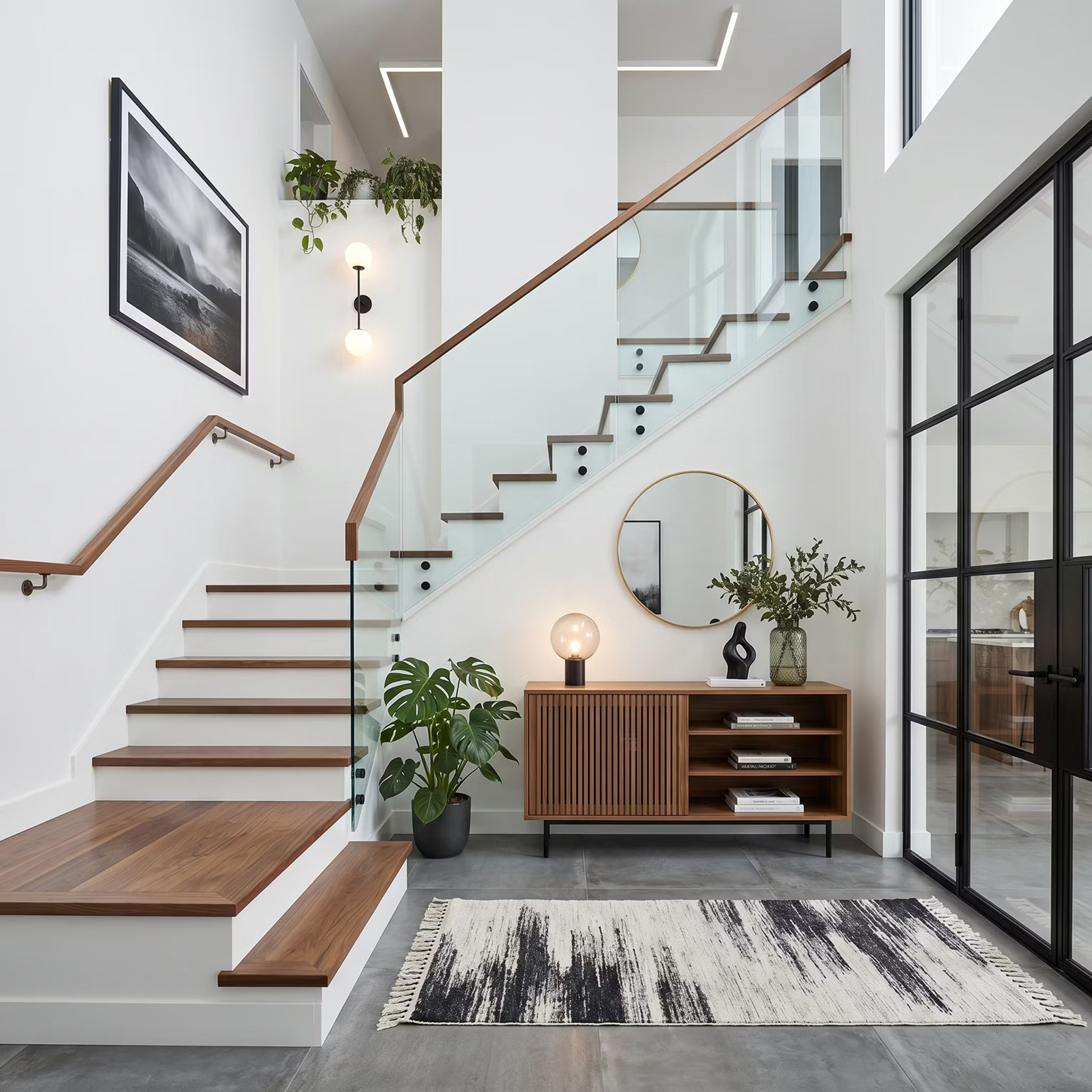 Modern L-Shaped Staircase Design with Wood Treads and Tiled Risers
