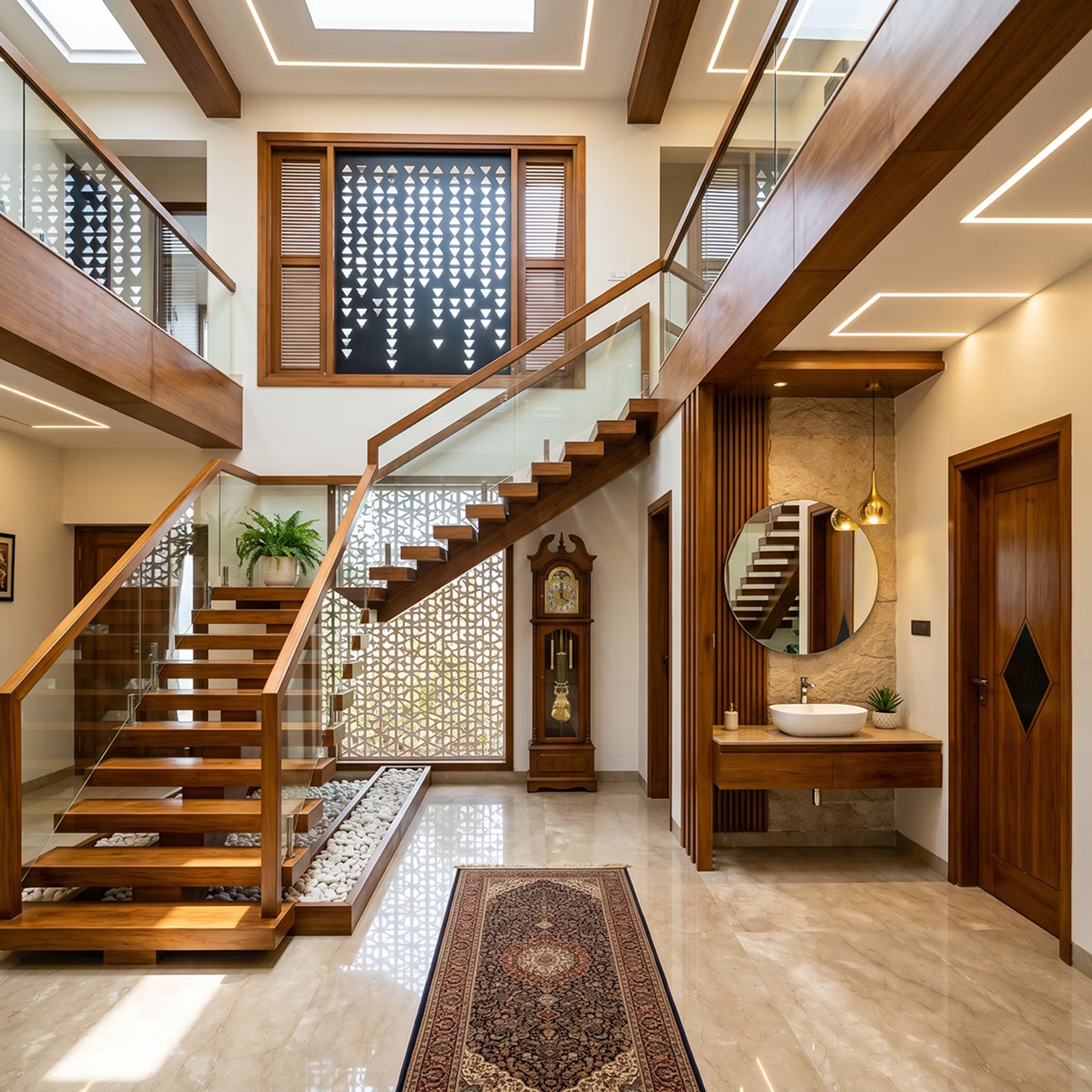 Traditional L-Shaped Staircase Design with Wood Treads and Glass Railing