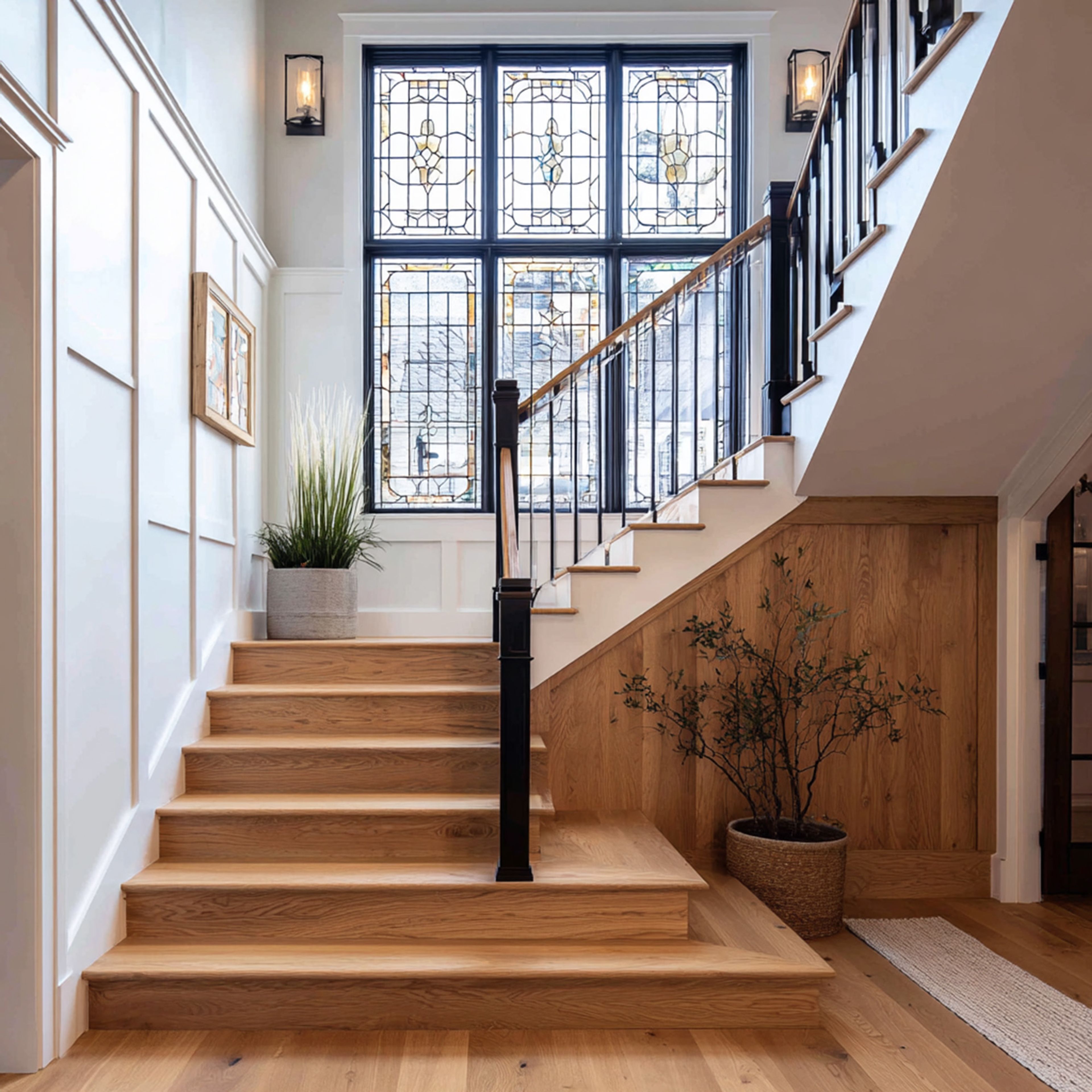 L-Shaped Staircase Design with Oak Treads and Metal Railings