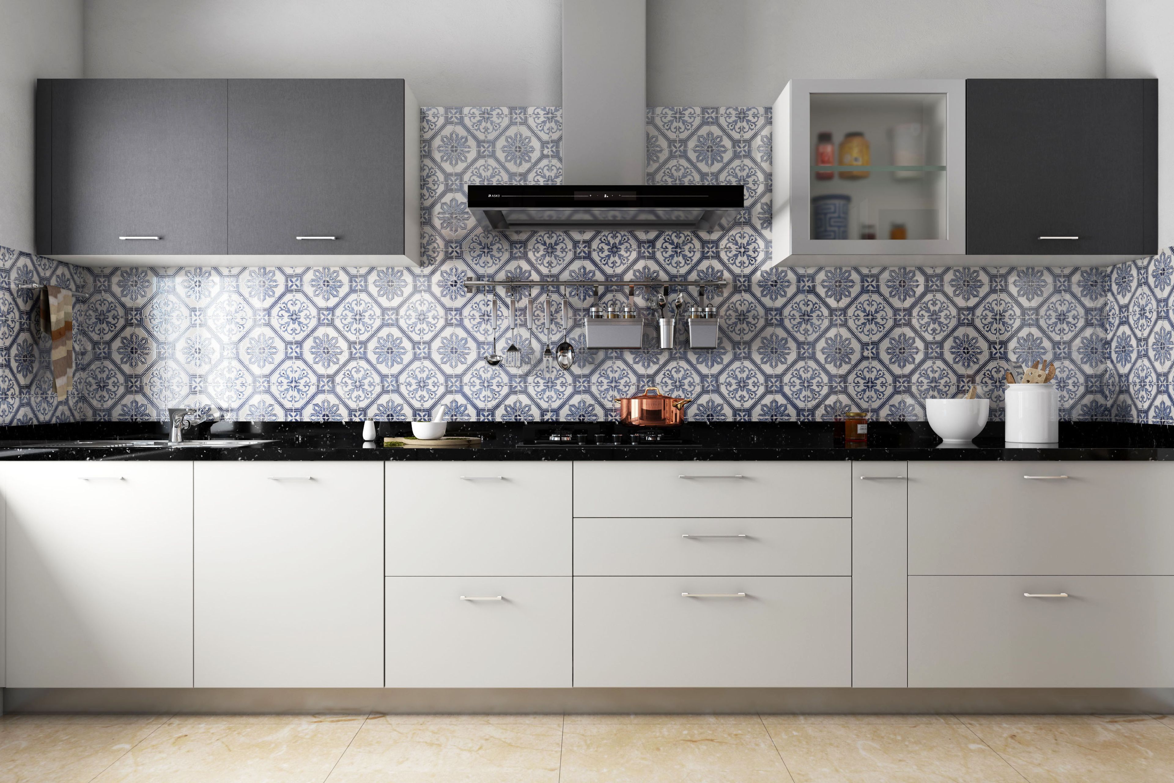 White and Blue Ceramic Tiles Design with Geometric and Floral Motifs