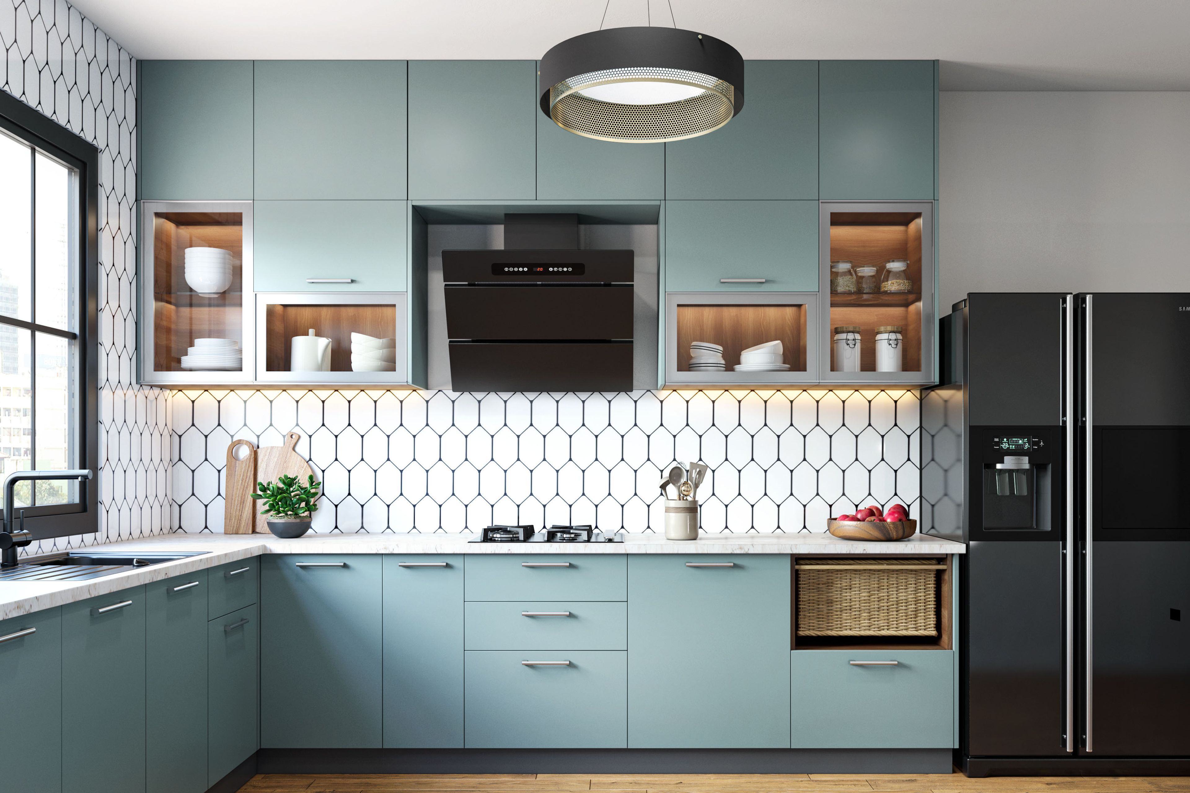 Glossy White Hexagon Tile Design with Black Grout Lines