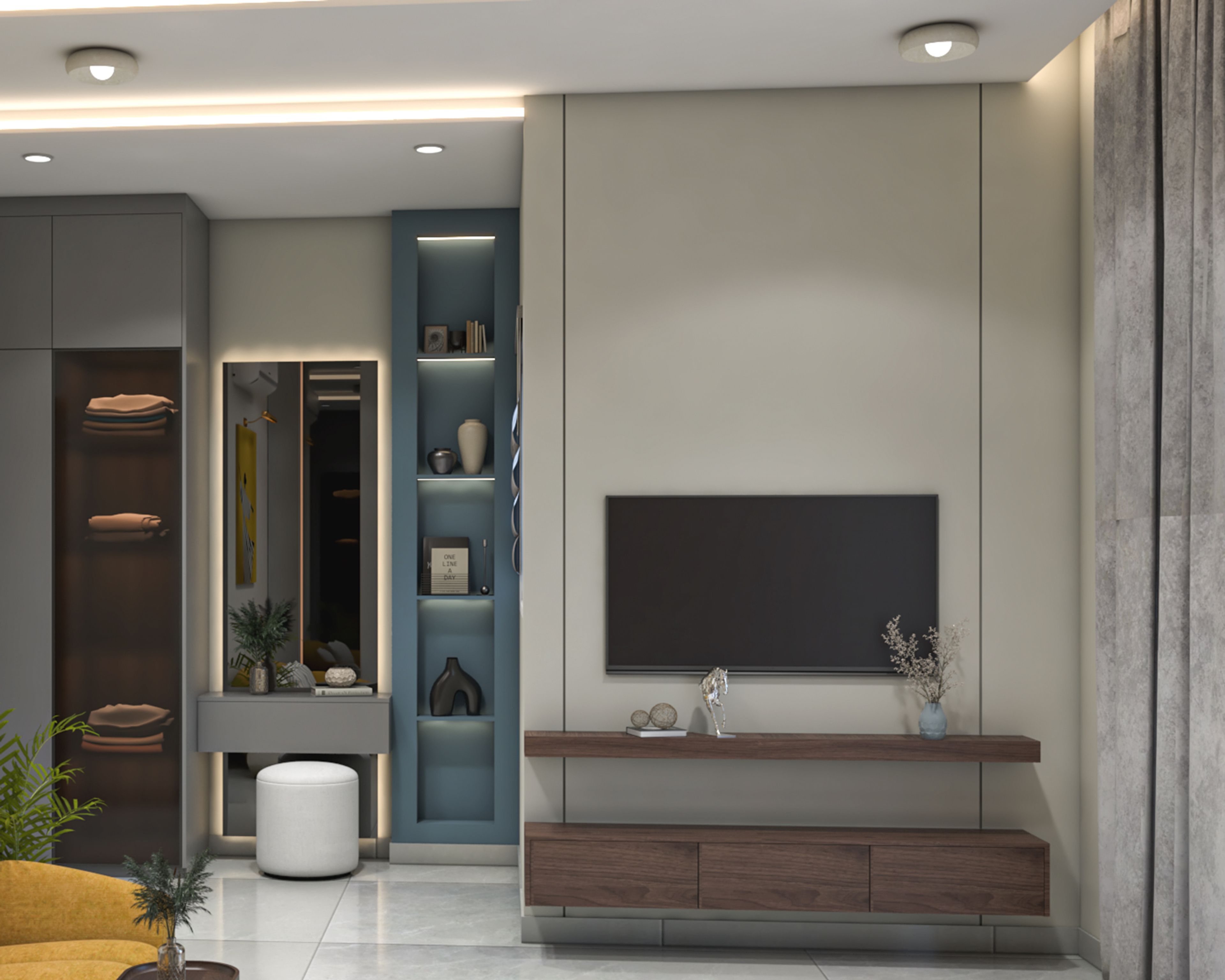 Modern TV Unit Design with Sandy Fossil Console and Blue Niche
