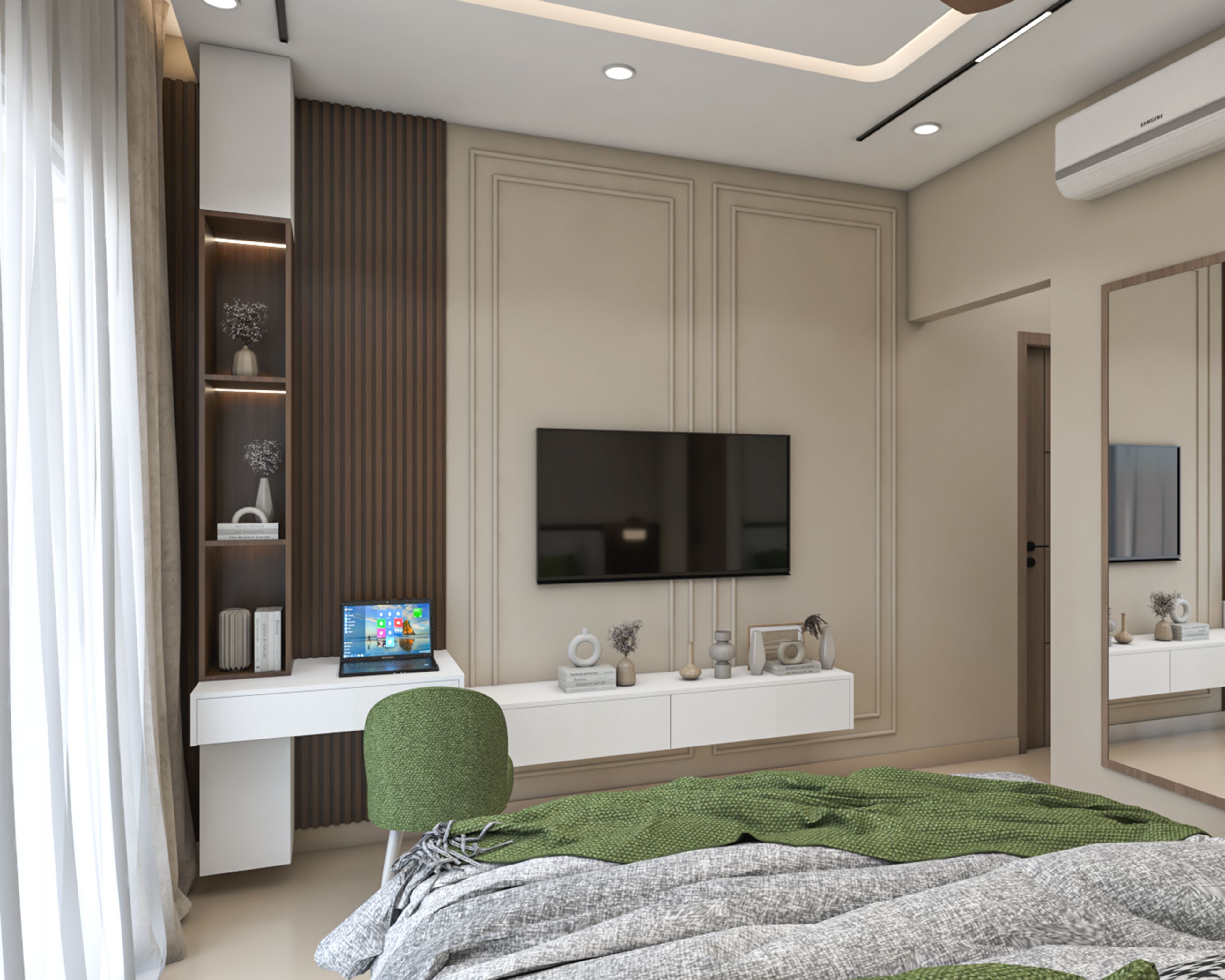 TV Unit Design with White Cabinet and Desk Workspace