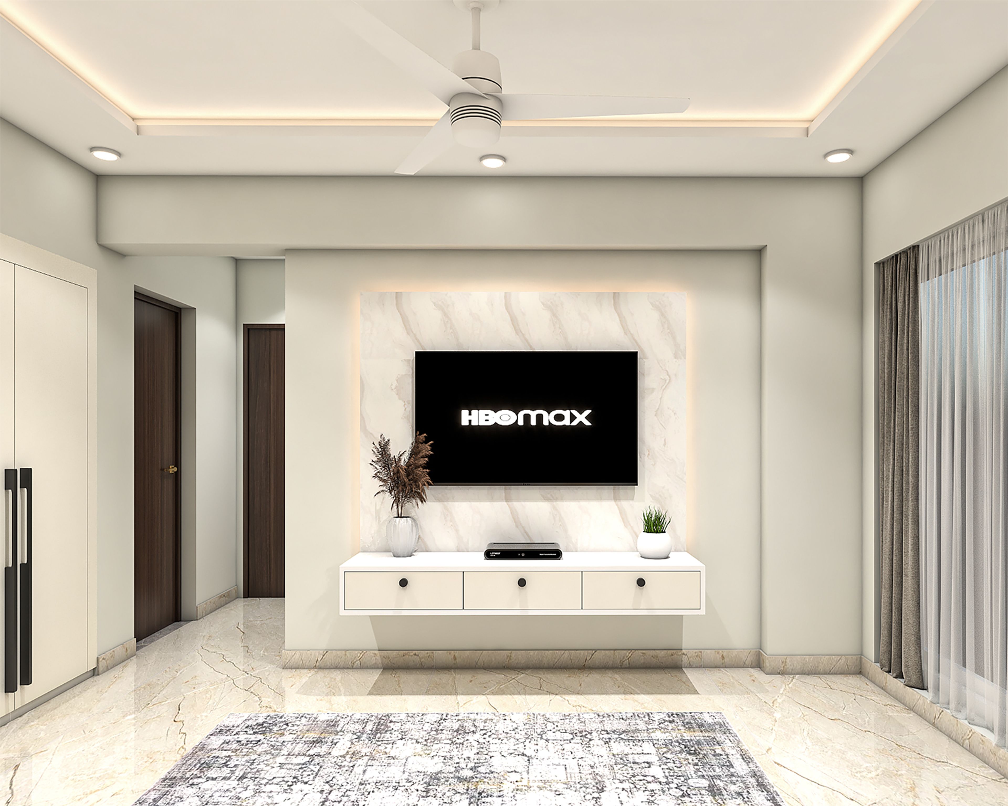 White TV Unit Design with Backlit Marble Accent Wall