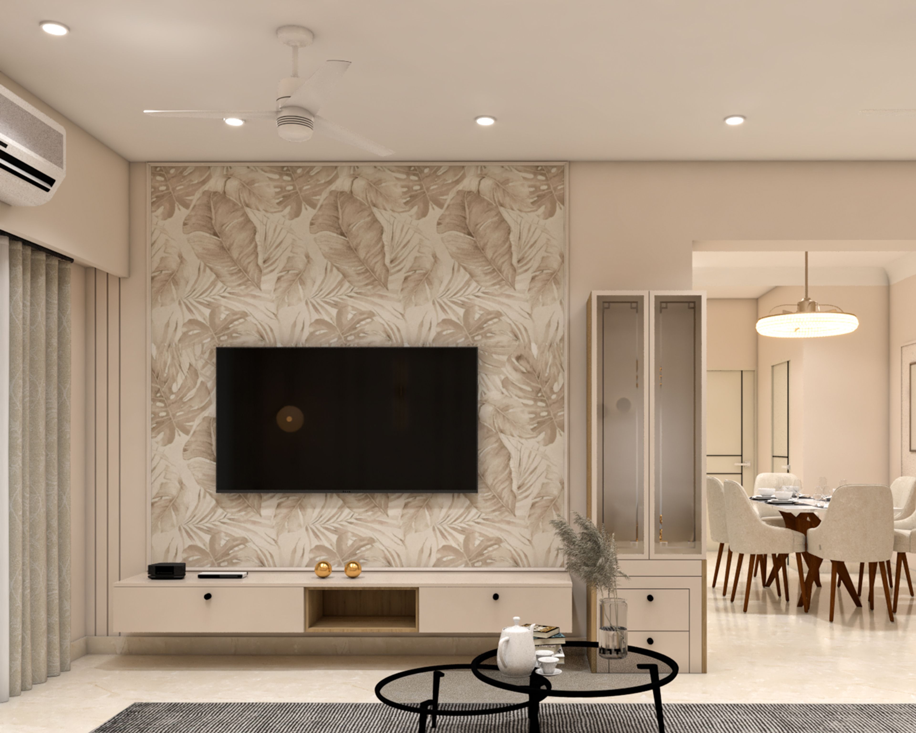 TV Unit Design with Champagne Console and Glass Cabinet