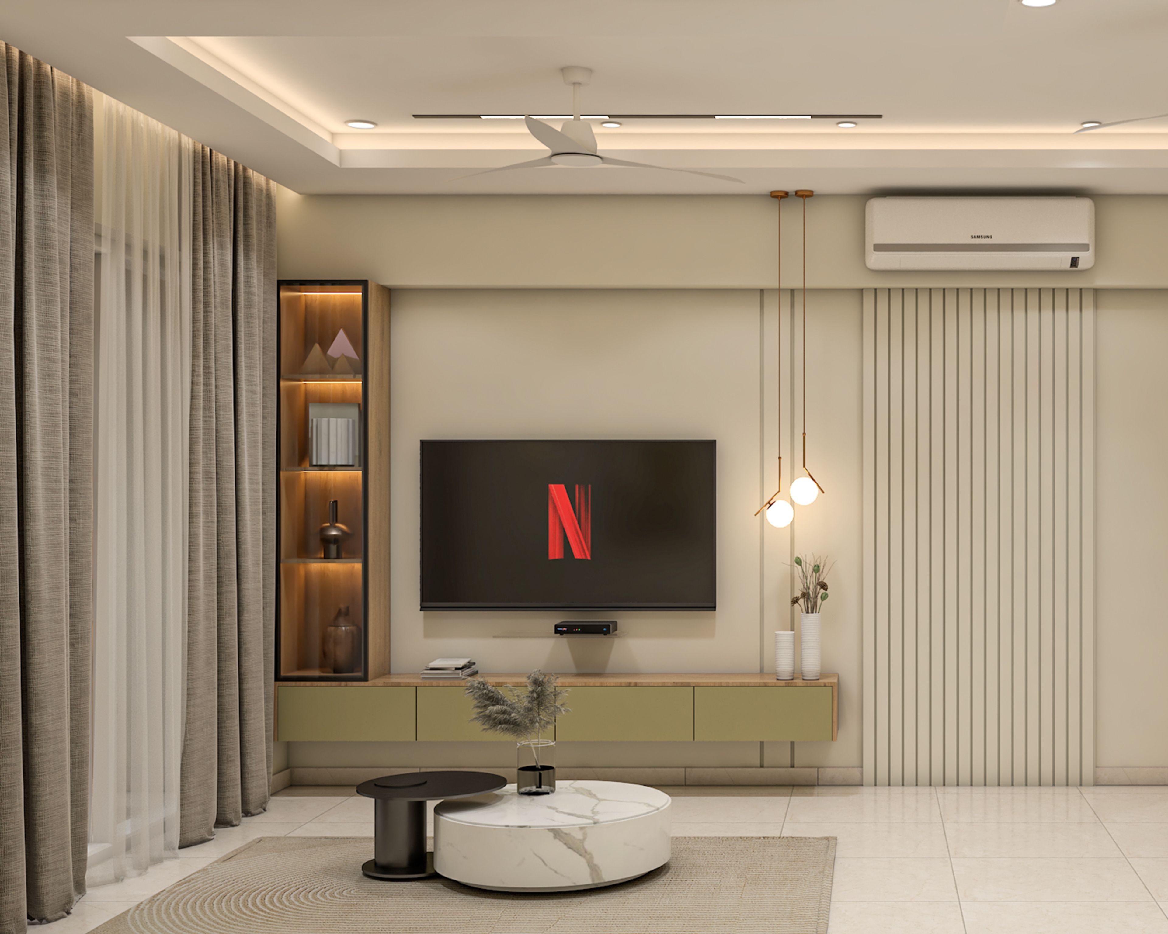 Metallic Beige TV Unit Design with Light Green Console Setup
