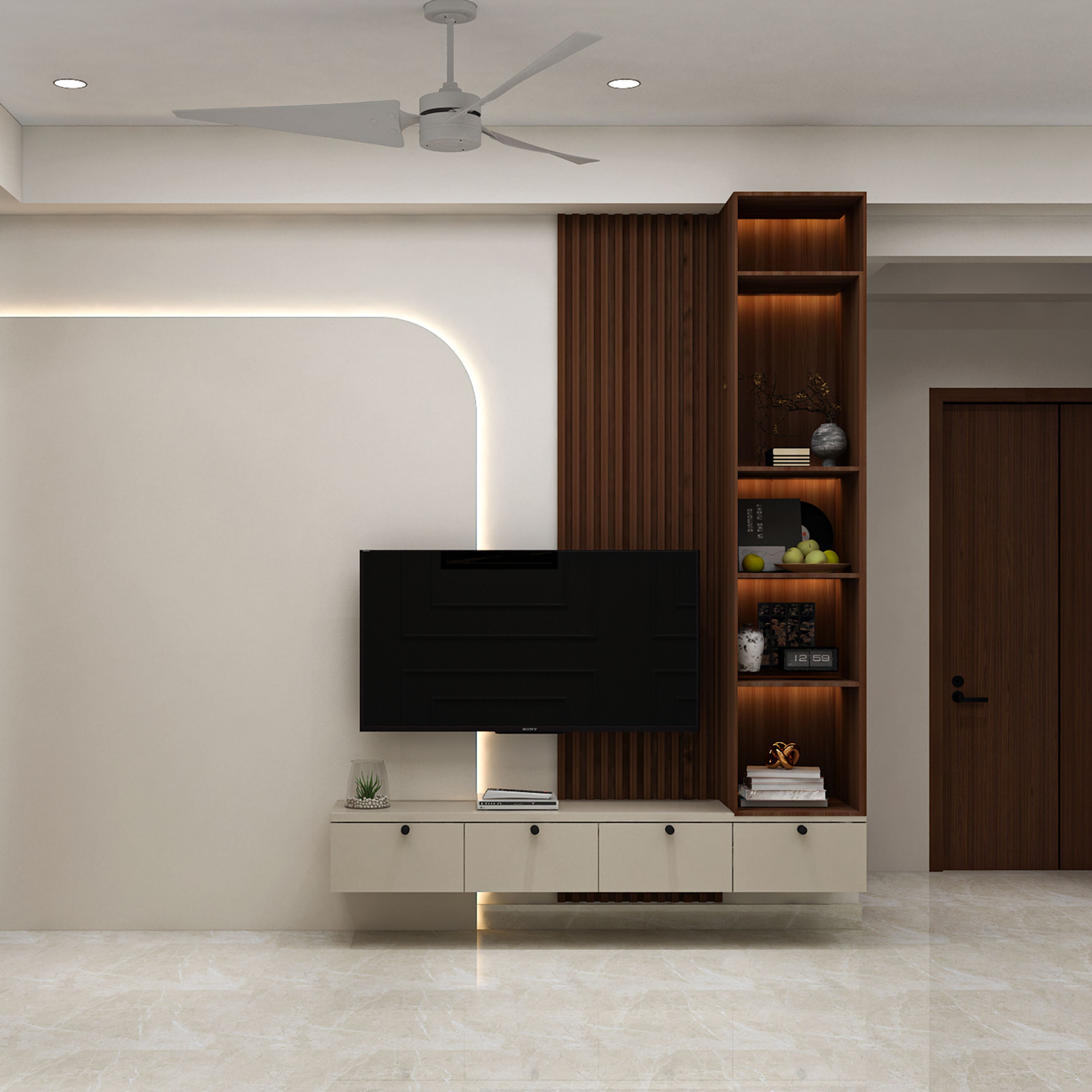 TV Unit Design with Champagne Drawers and Slatted Bookshelf