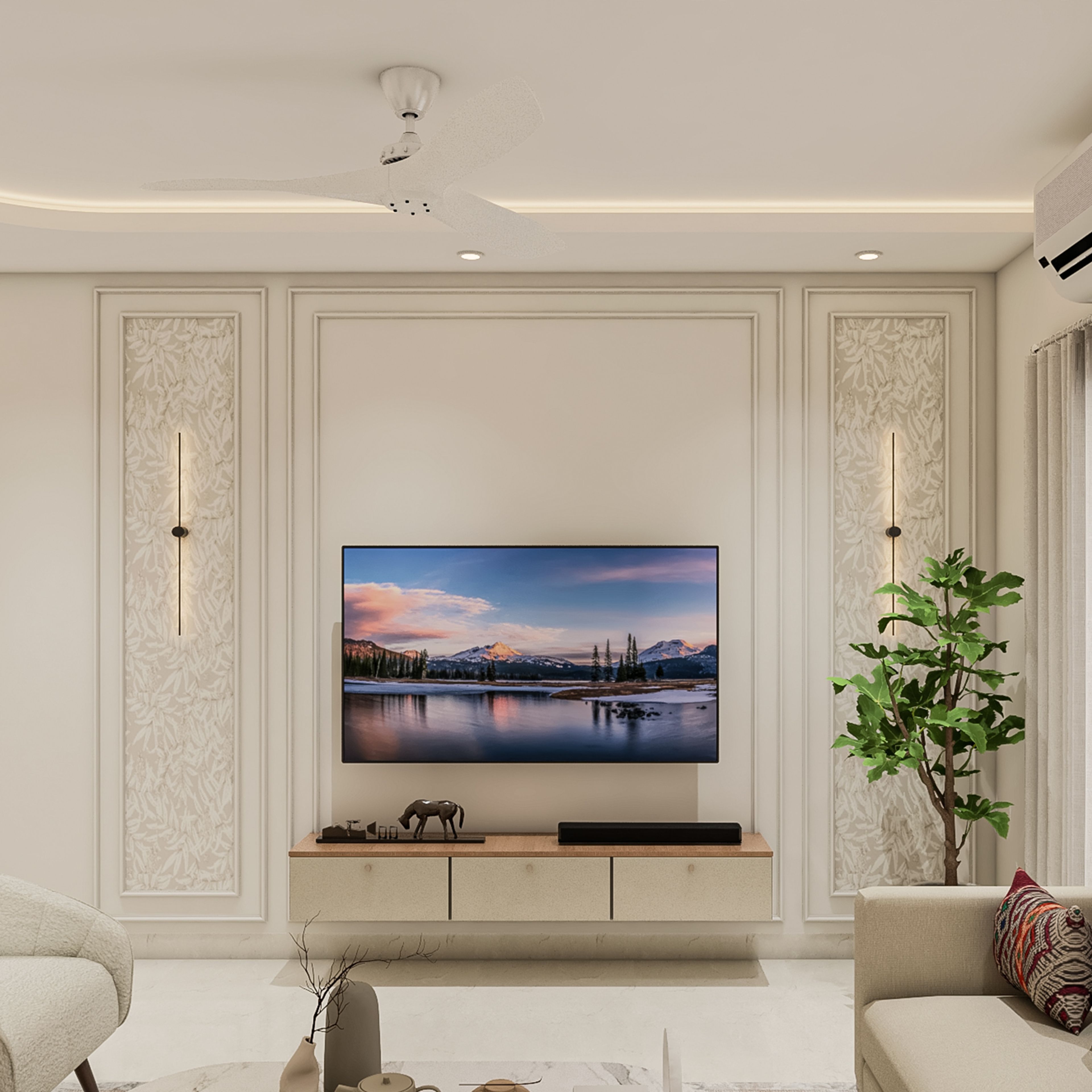TV Unit Design with Champagne Console and Textured Wallpaper