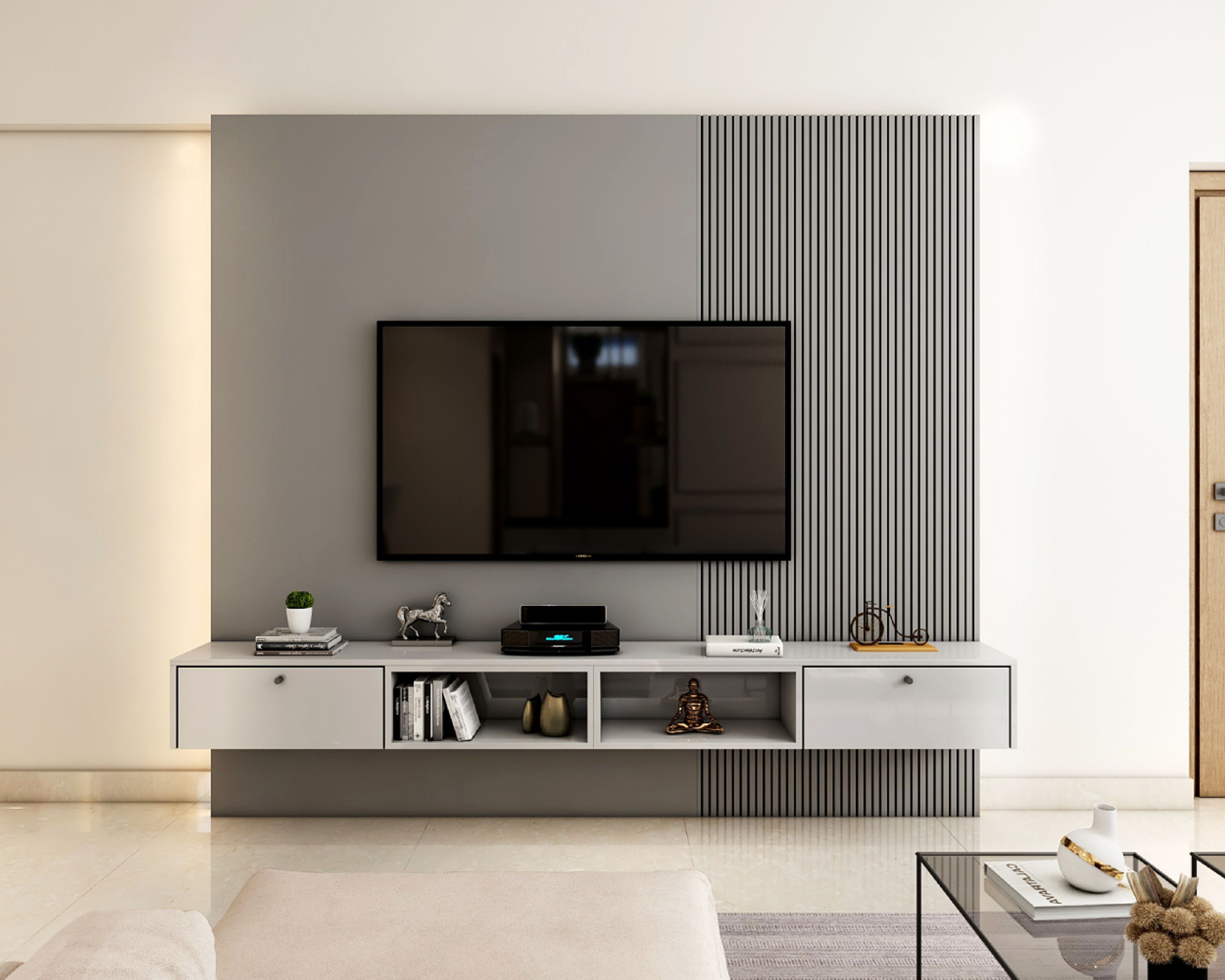 Grey TV Unit Design with Textured Panels and Lighting