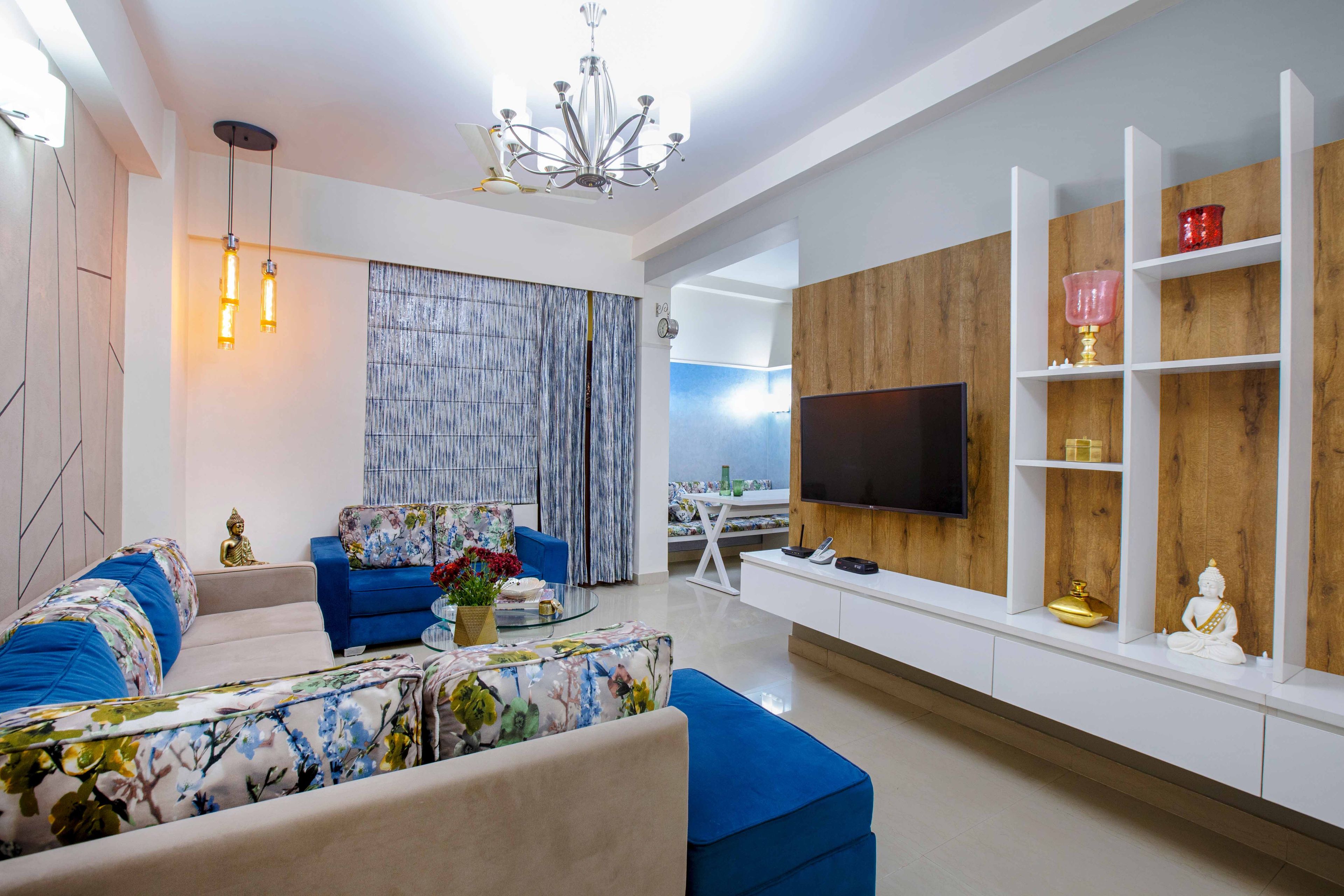 White and Wooden Modern TV Unit Design with Floating Storage