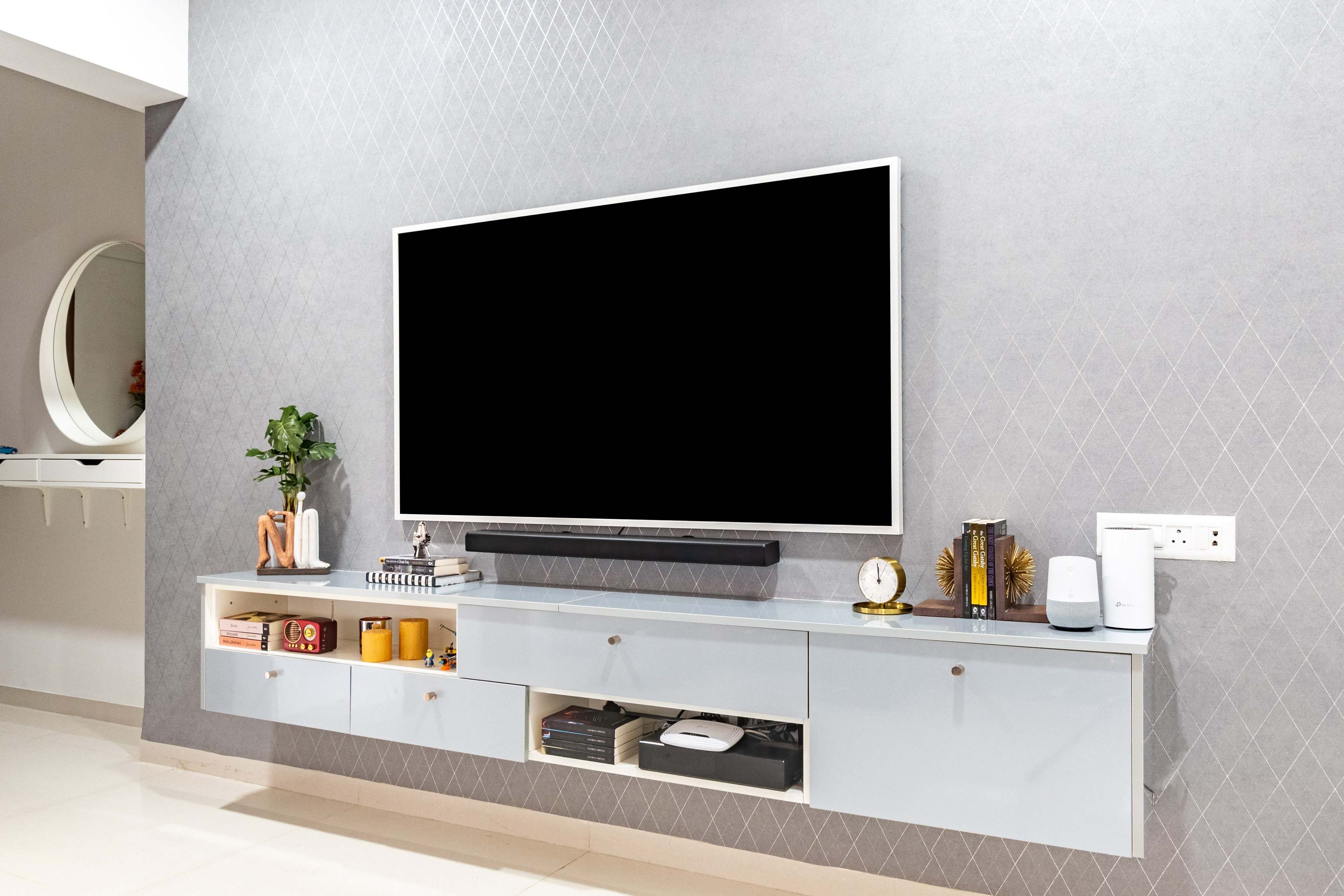 Modern Glossy TV Unit Design With Drawers and Open Shelves
