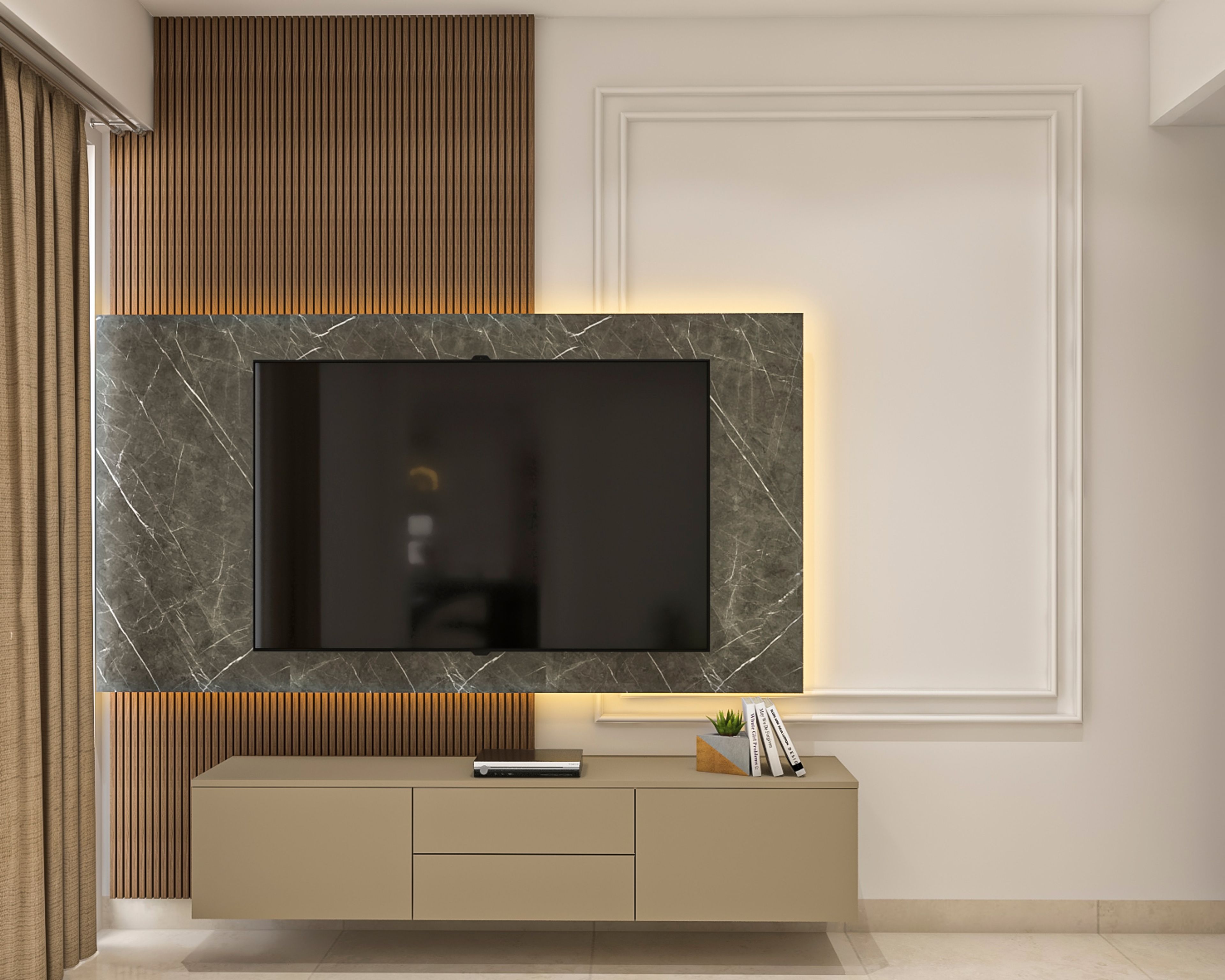 Wall-Mounted Beige Contemporary TV Unit Design With Marble Frame