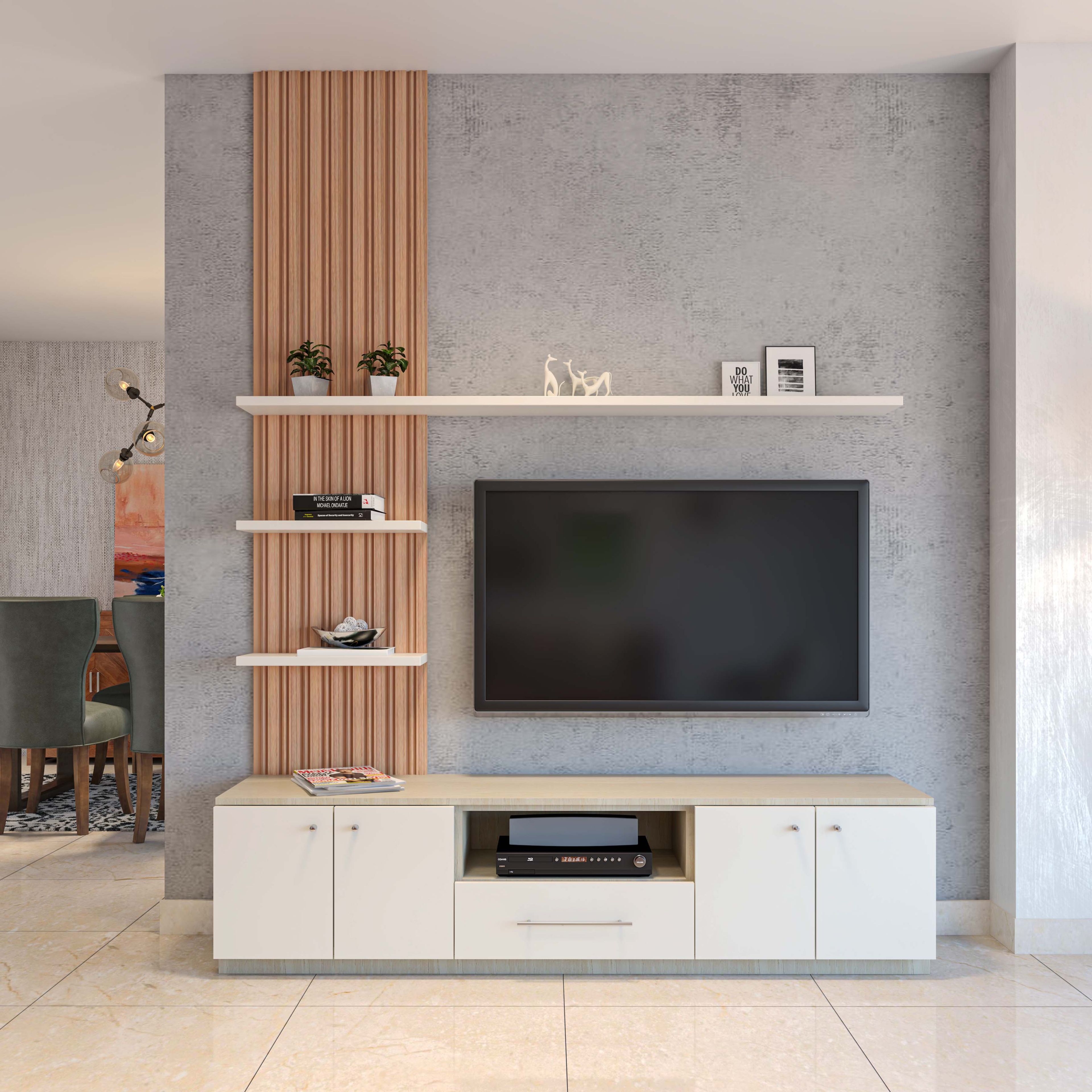 TV Unit Design with Wooden Panel, Open Shelving and Drawers