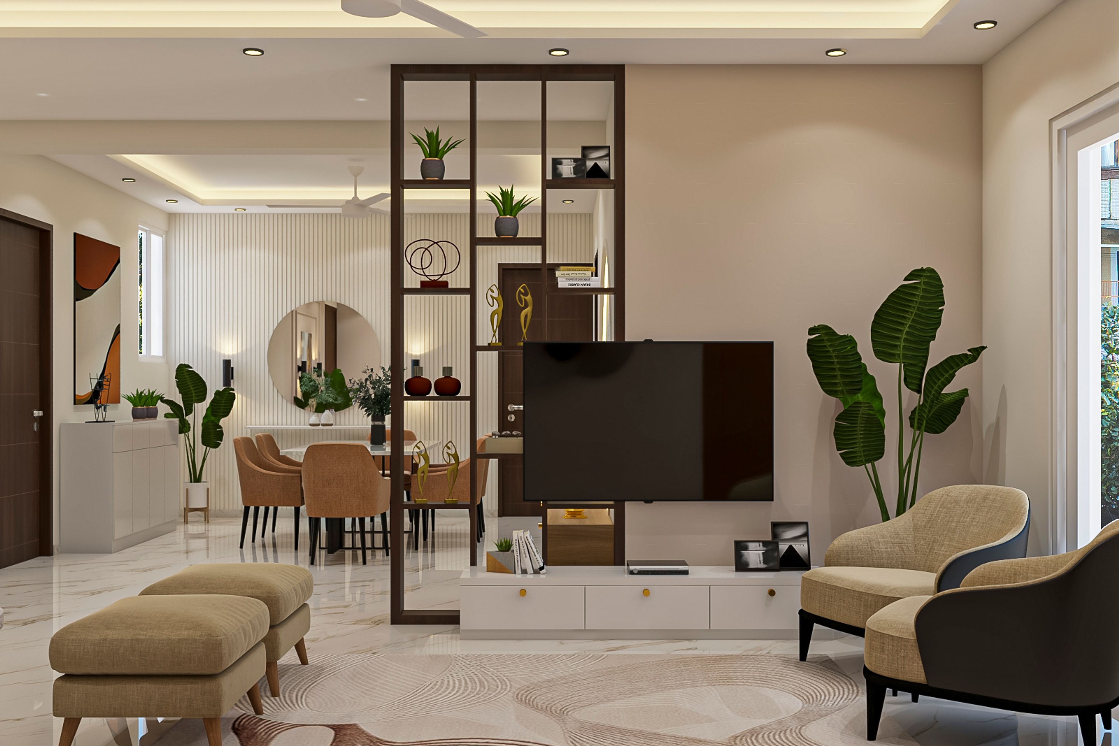 Contemporary White TV Unit Design With Wooden Divider