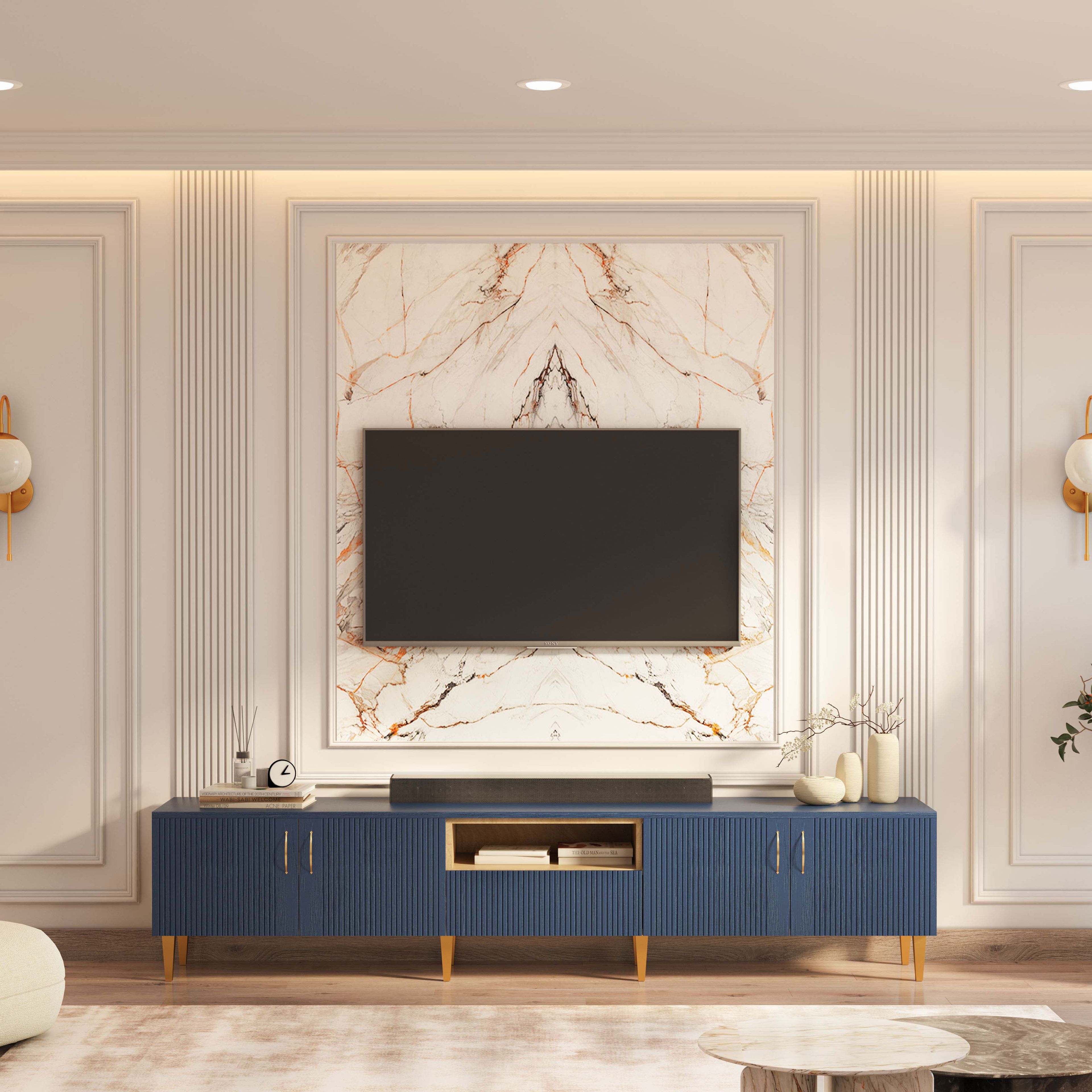 Blue TV Unit Design with Marble Backdrop
