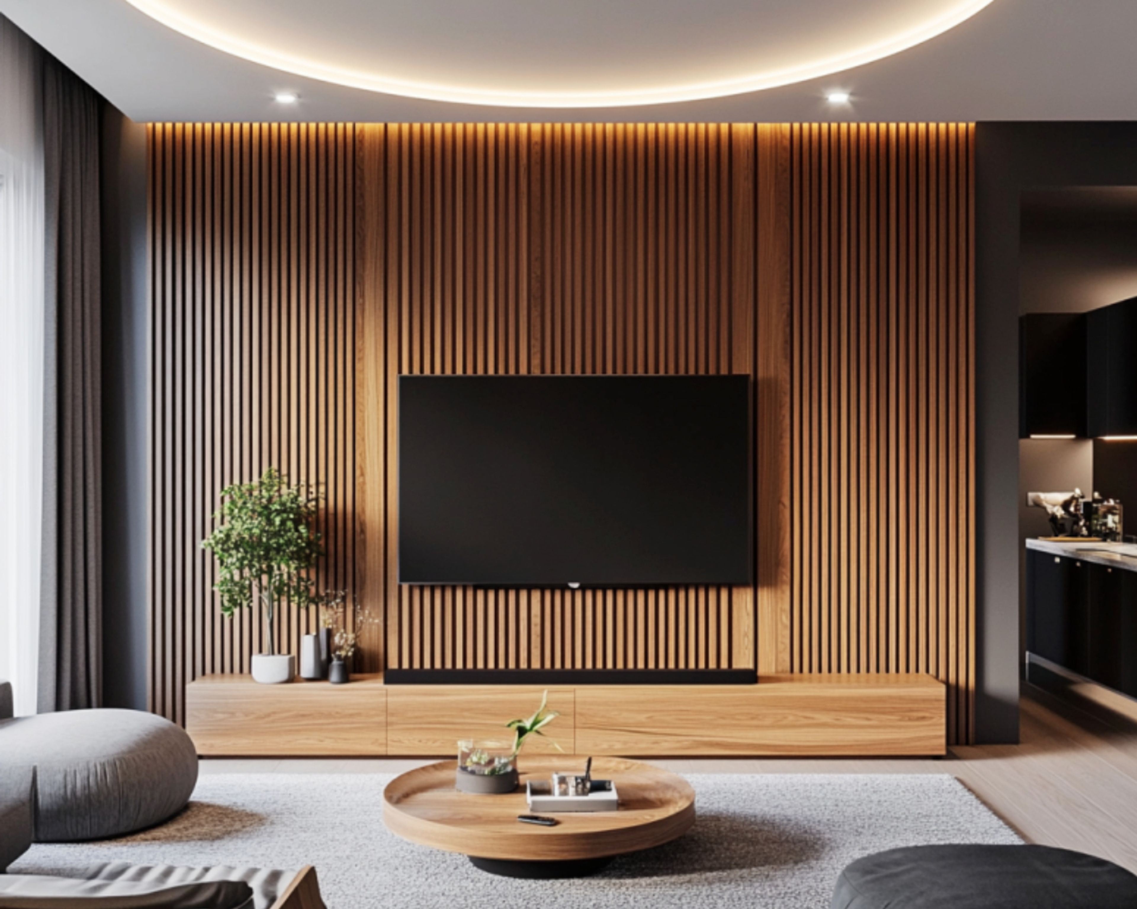 TV Unit Design with Textured Wall and Suede Finish Shutters